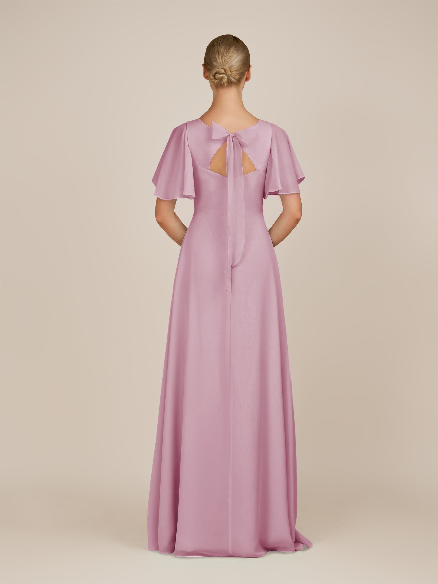 KissDress-Zorina Vintage Mauve Sheath Chiffon Cap Sleeves V Neck Long Bridesmaid Dress with Slit