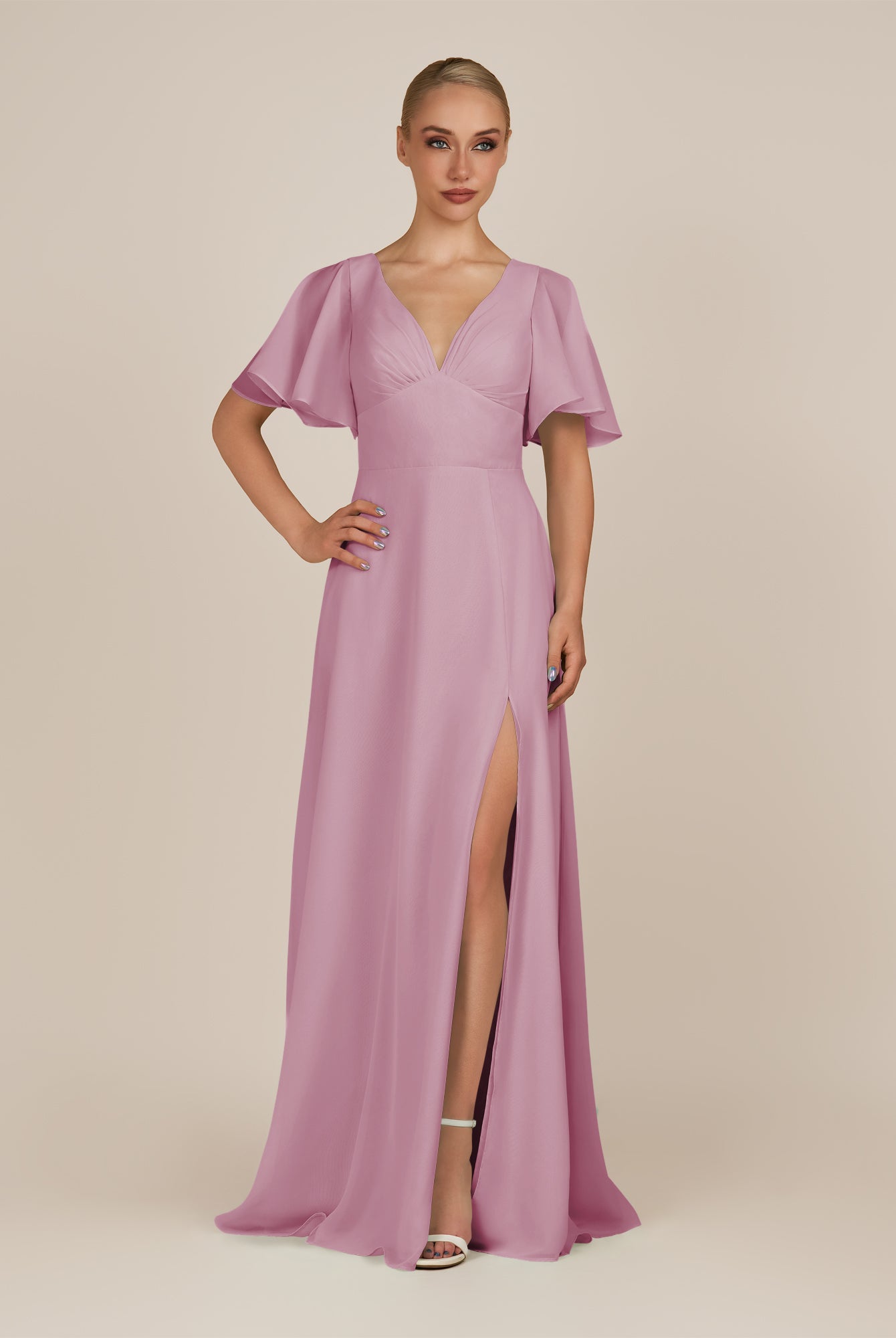 KissDress-Zorina Vintage Mauve Sheath Chiffon Cap Sleeves V Neck Long Bridesmaid Dress with Slit