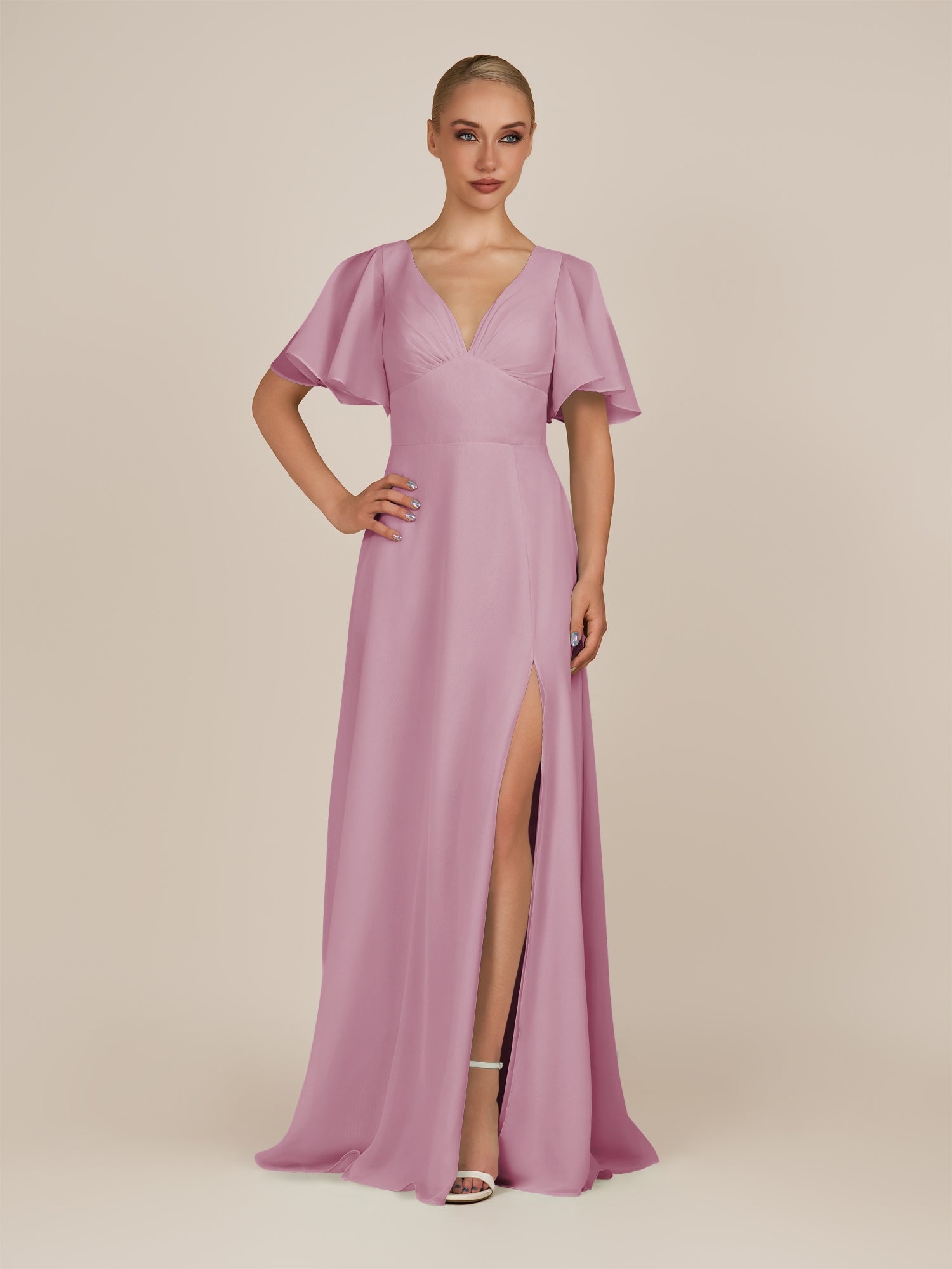 KissDress-Zorina Vintage Mauve Sheath Chiffon Cap Sleeves V Neck Long Bridesmaid Dress with Slit