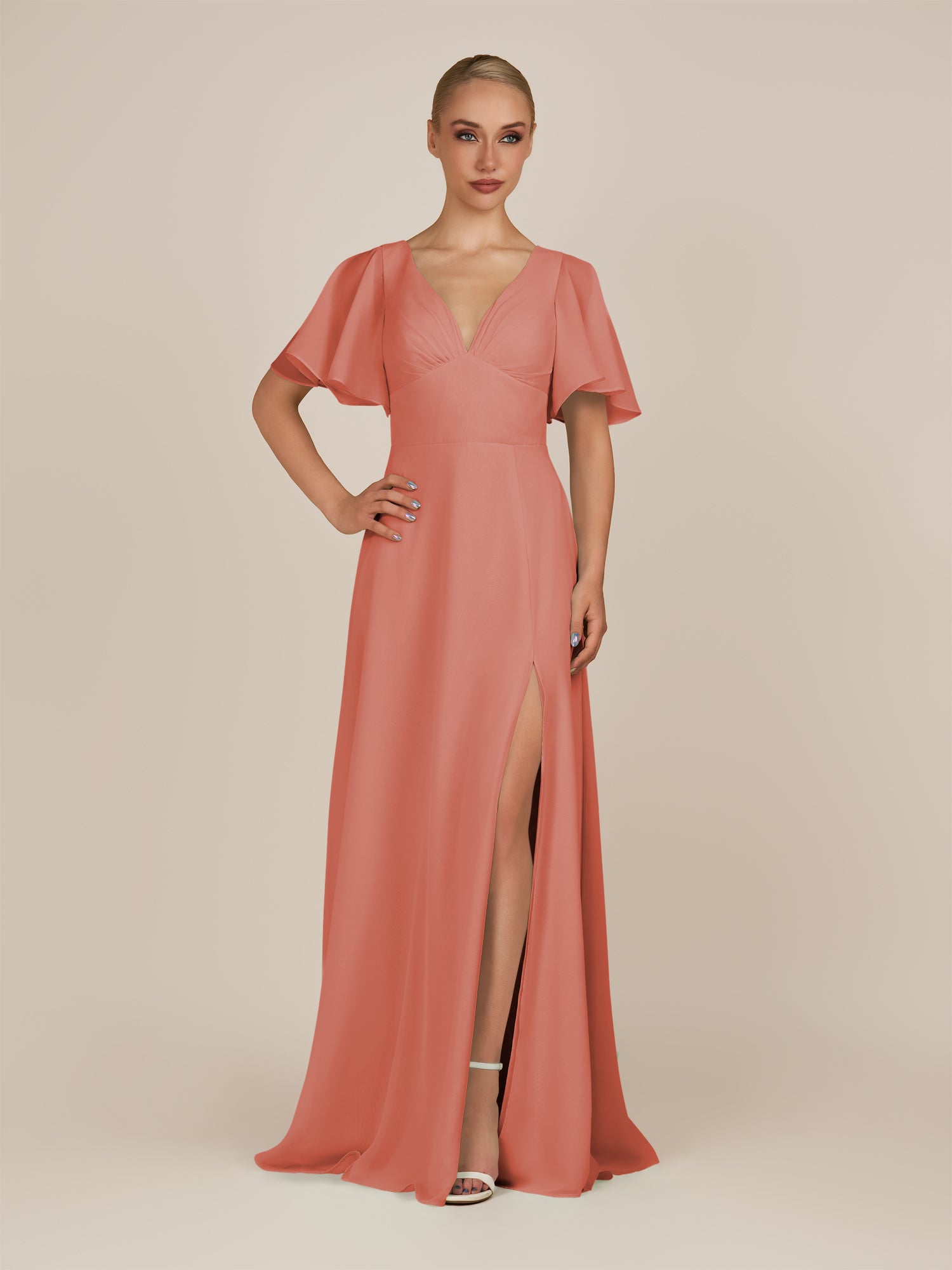 KissDress-Zorina Wild Rose Sheath Chiffon Cap Sleeves V Neck Long Bridesmaid Dress with Slit