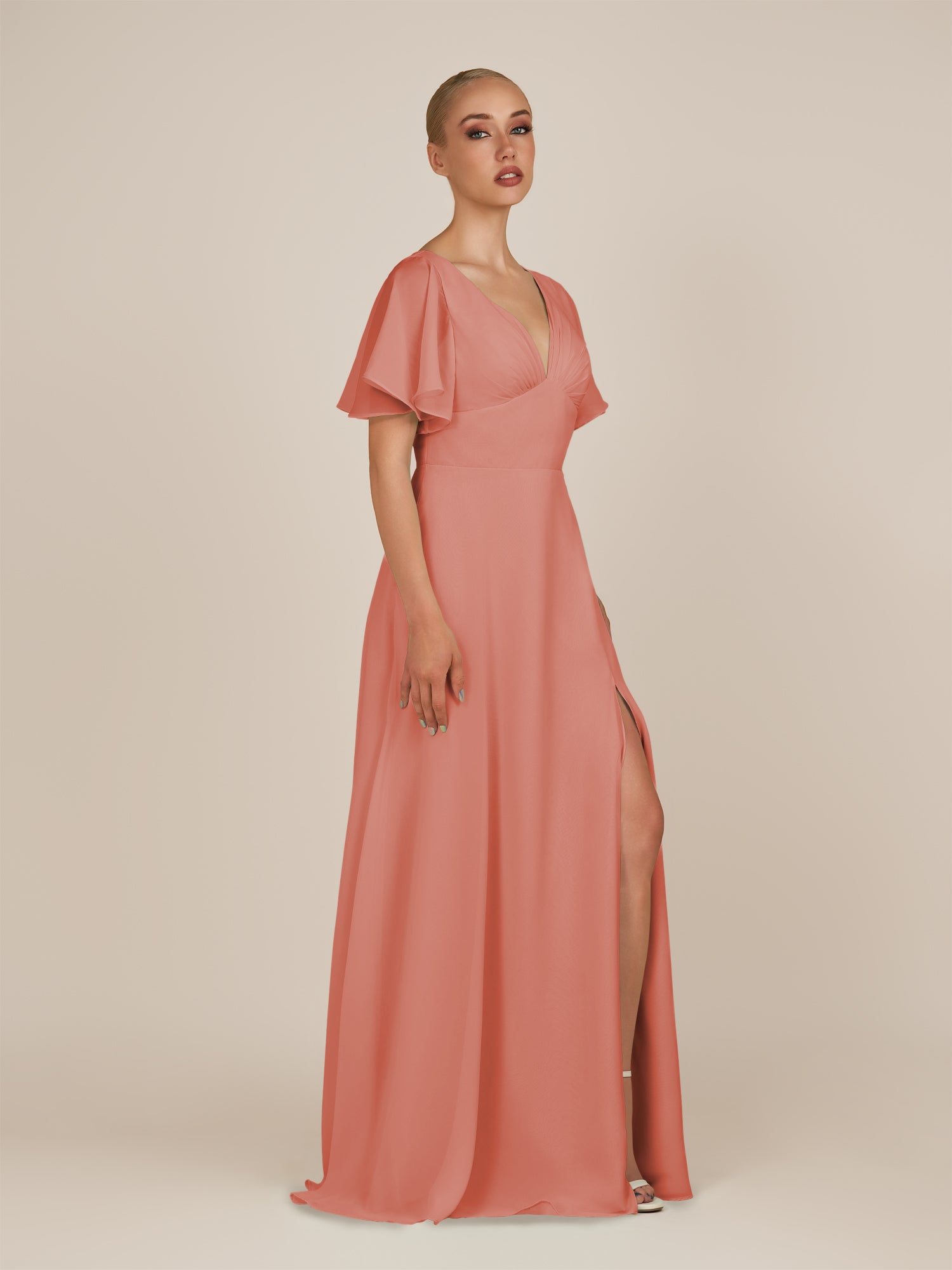 KissDress-Zorina Wild Rose Sheath Chiffon Cap Sleeves V Neck Long Bridesmaid Dress with Slit