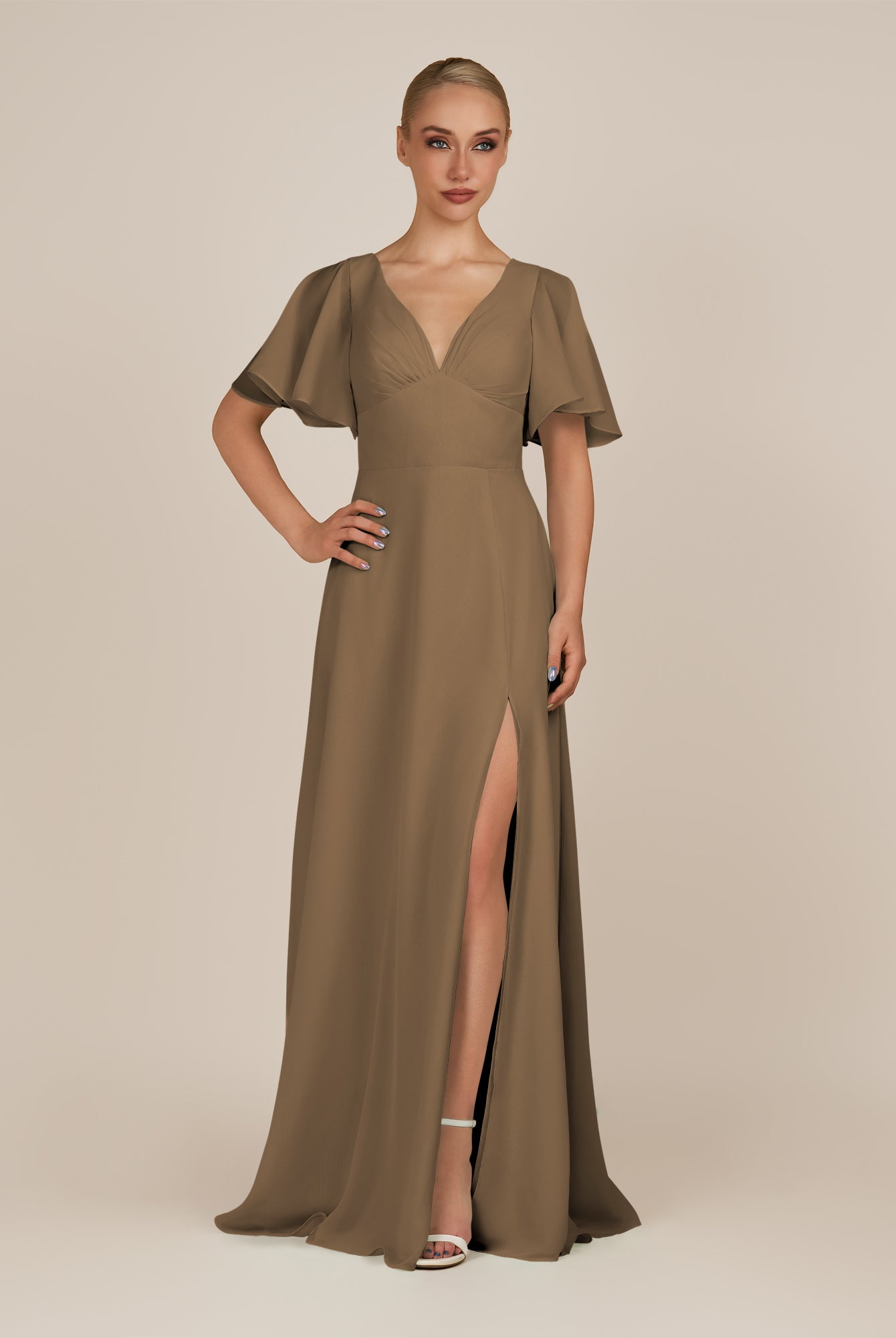 KissDress-Zorina Willow Green Sheath Chiffon Cap Sleeves V Neck Long Bridesmaid Dress with Slit