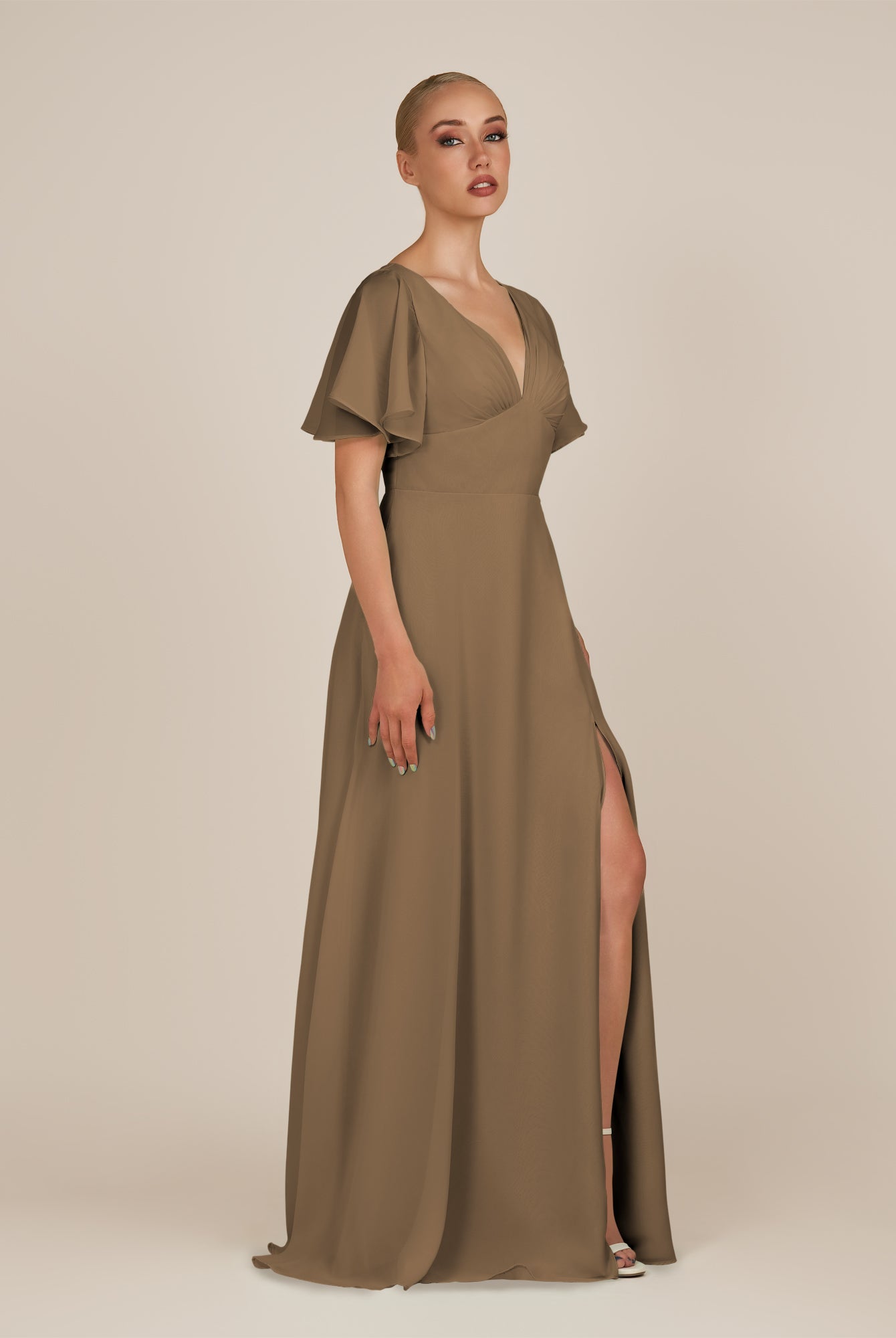 KissDress-Zorina Willow Green Sheath Chiffon Cap Sleeves V Neck Long Bridesmaid Dress with Slit