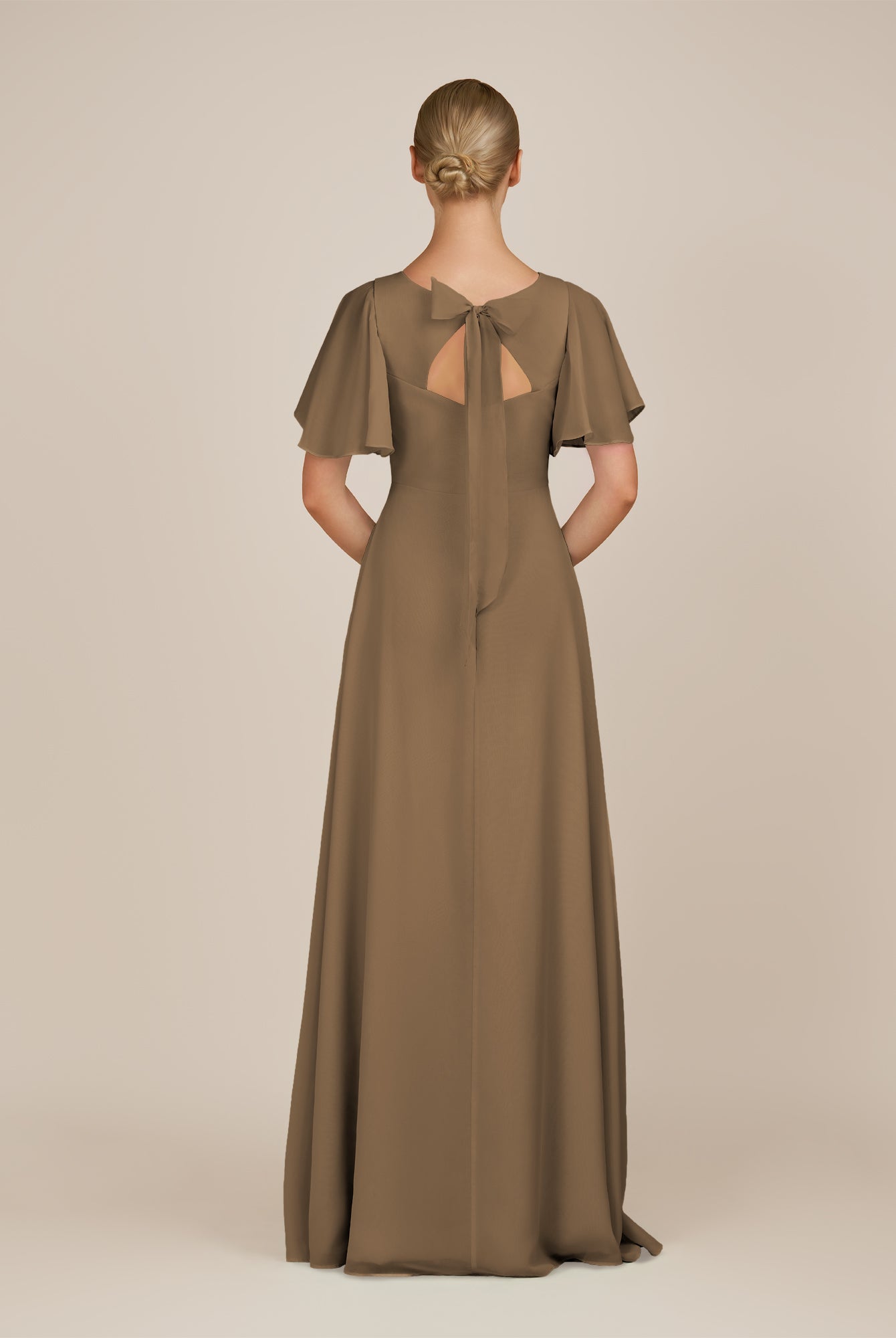 KissDress-Zorina Willow Green Sheath Chiffon Cap Sleeves V Neck Long Bridesmaid Dress with Slit