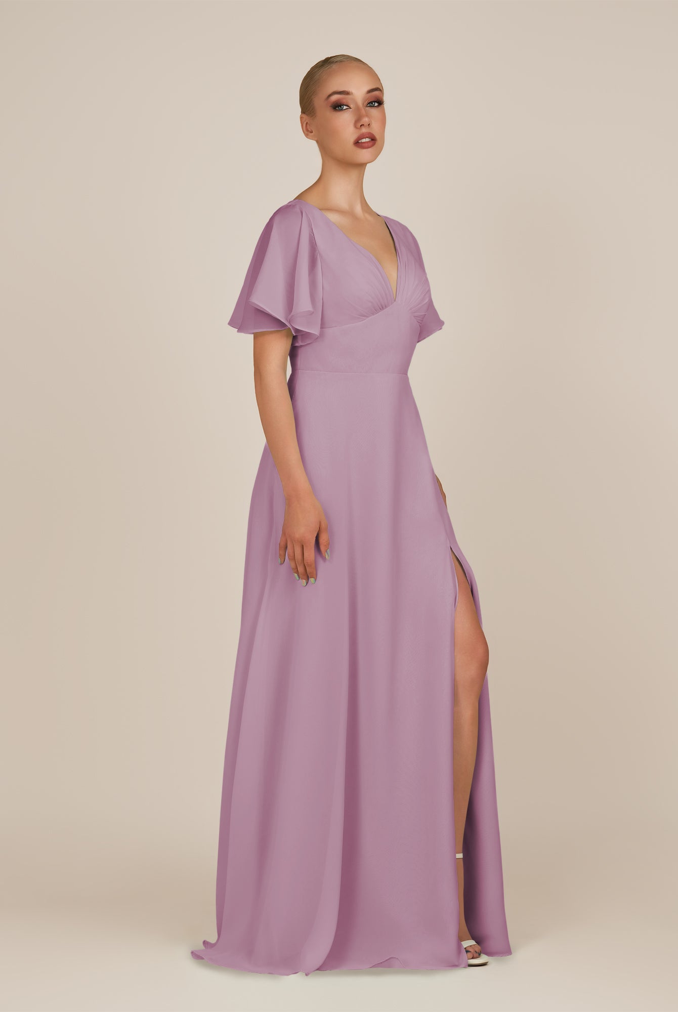 KissDress-Zorina Wisteria Sheath Chiffon Cap Sleeves V Neck Long Bridesmaid Dress with Slit