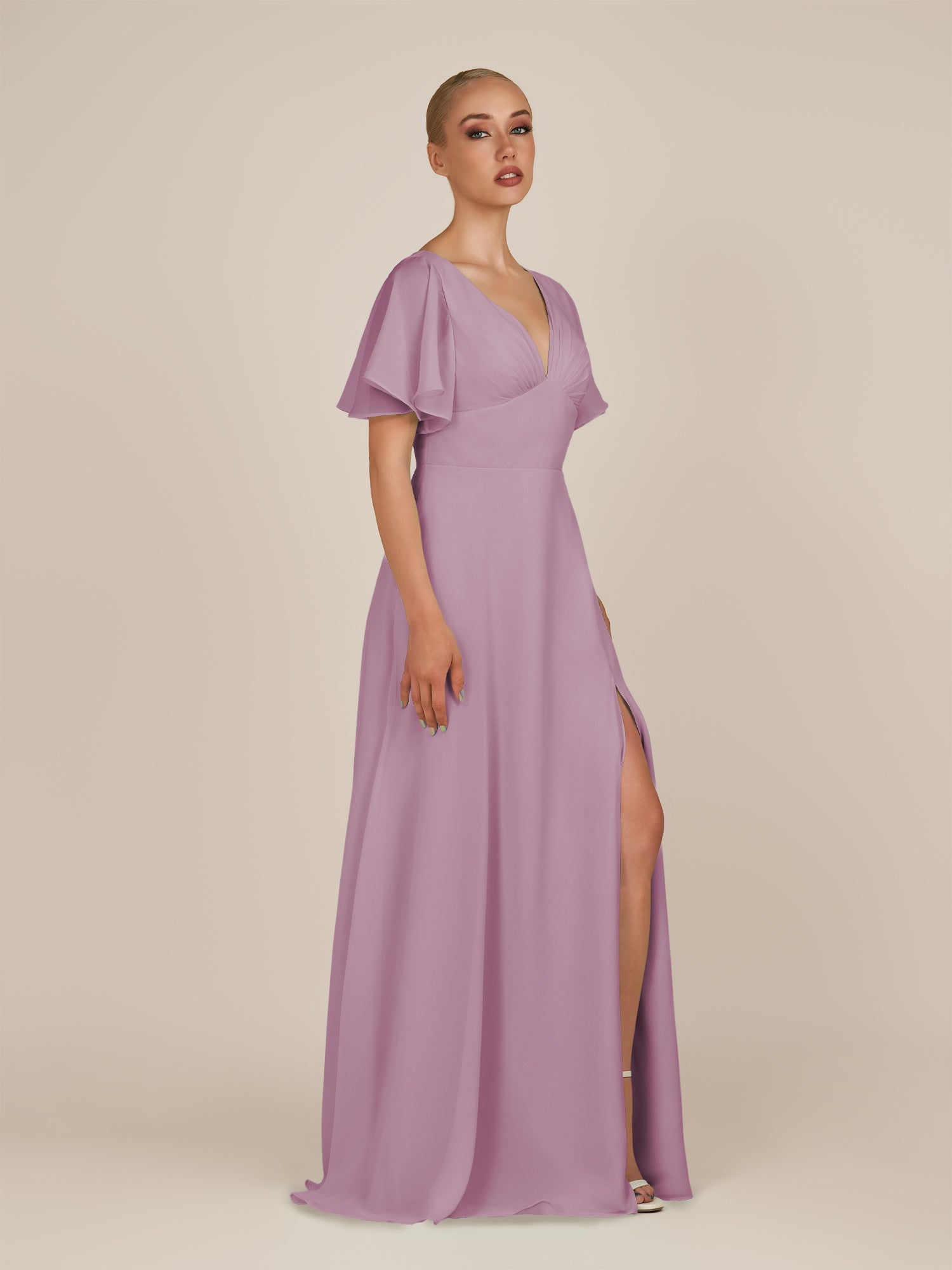 KissDress-Zorina Wisteria Sheath Chiffon Cap Sleeves V Neck Long Bridesmaid Dress with Slit