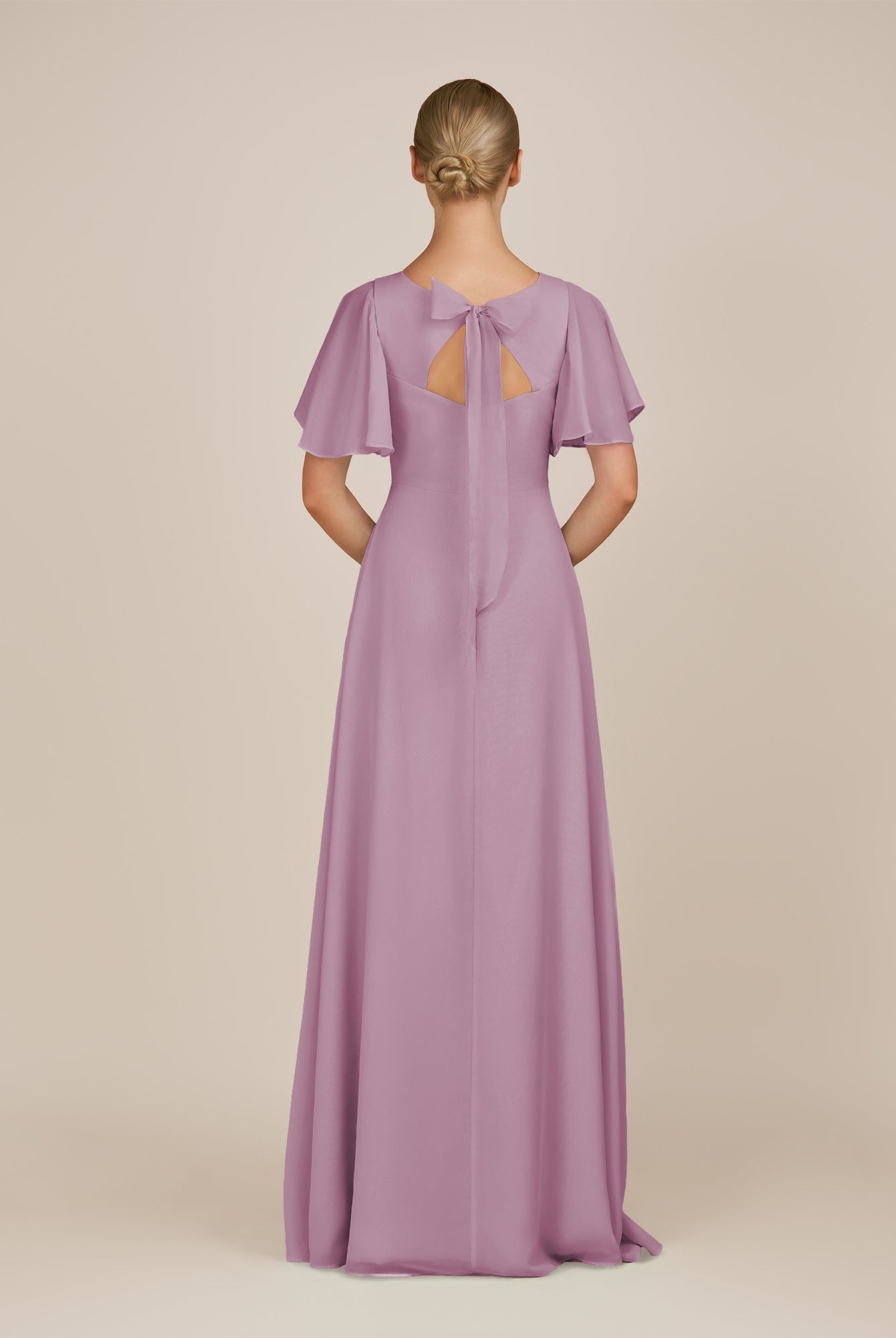 KissDress-Zorina Wisteria Sheath Chiffon Cap Sleeves V Neck Long Bridesmaid Dress with Slit