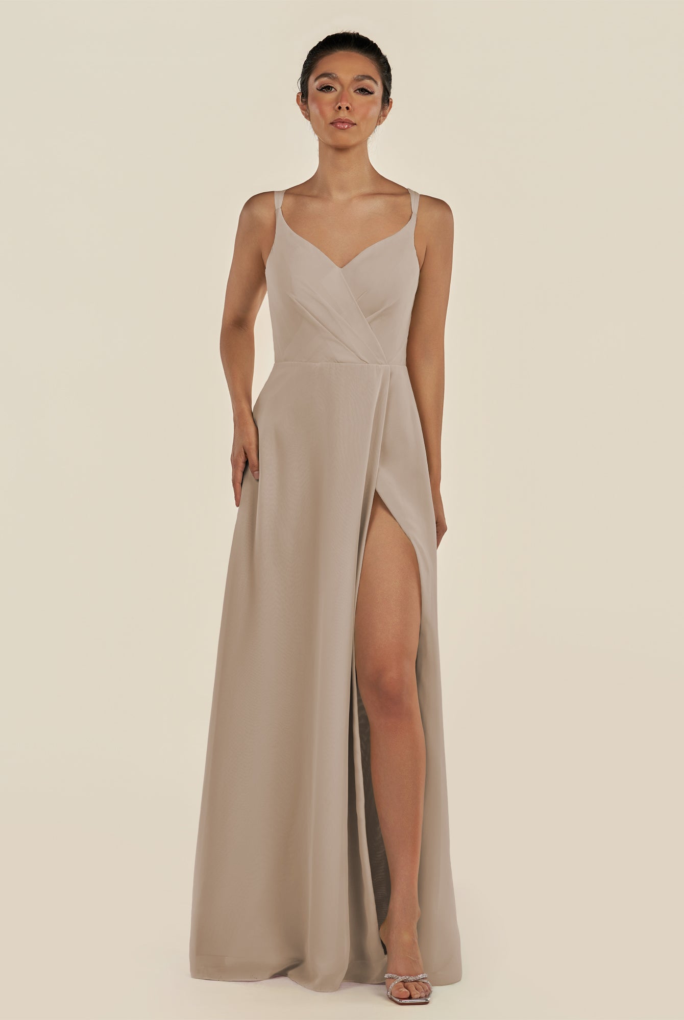KissDress-Zyria Almond A Line Chiffon V Neck Ruched Long Bridesmaid Dress with Slit