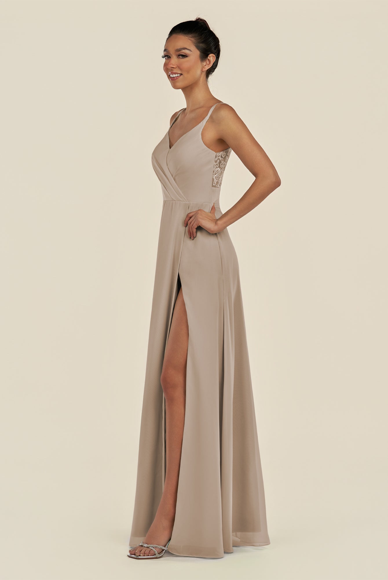 KissDress-Zyria Almond A Line Chiffon V Neck Ruched Long Bridesmaid Dress with Slit