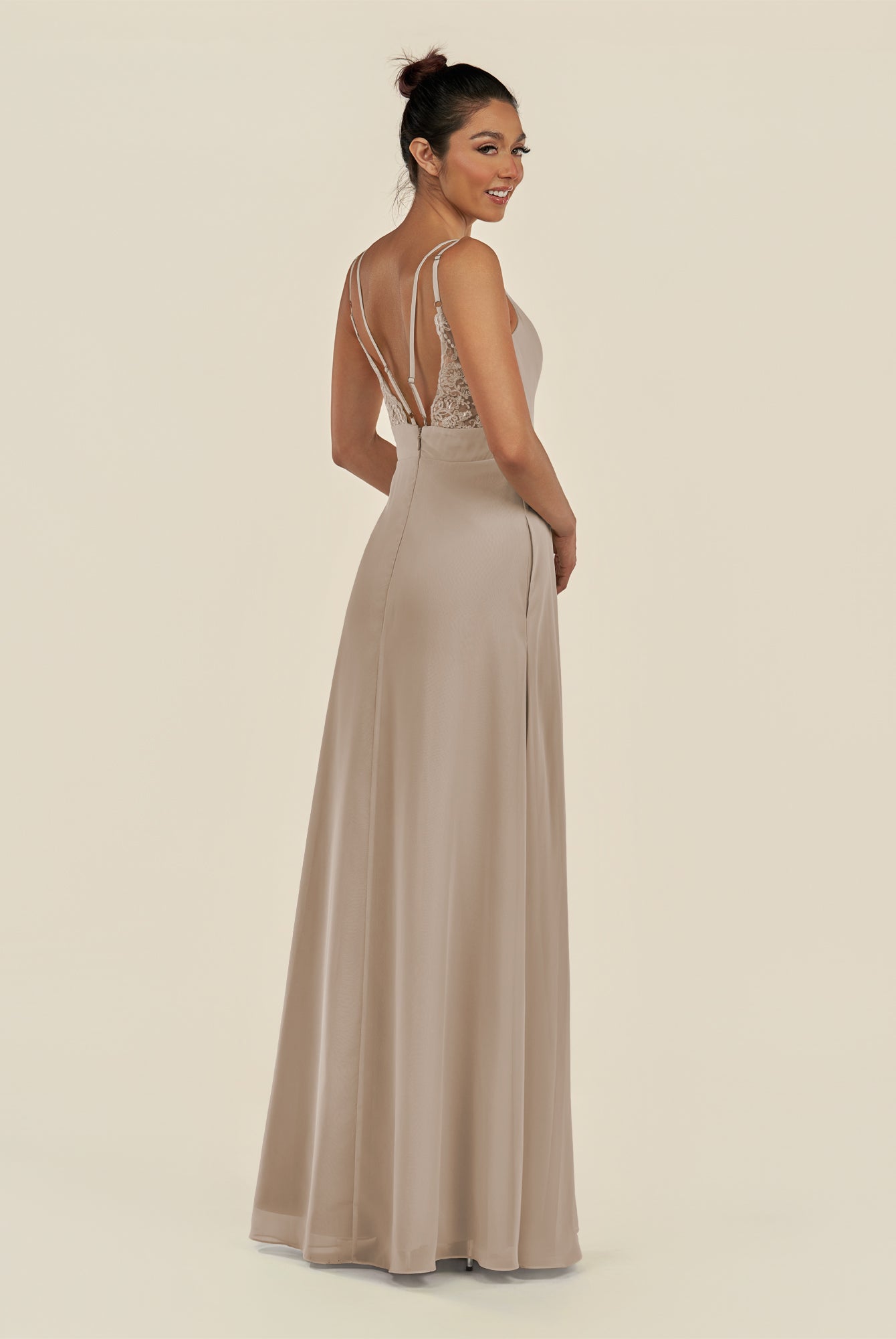 KissDress-Zyria Almond A Line Chiffon V Neck Ruched Long Bridesmaid Dress with Slit