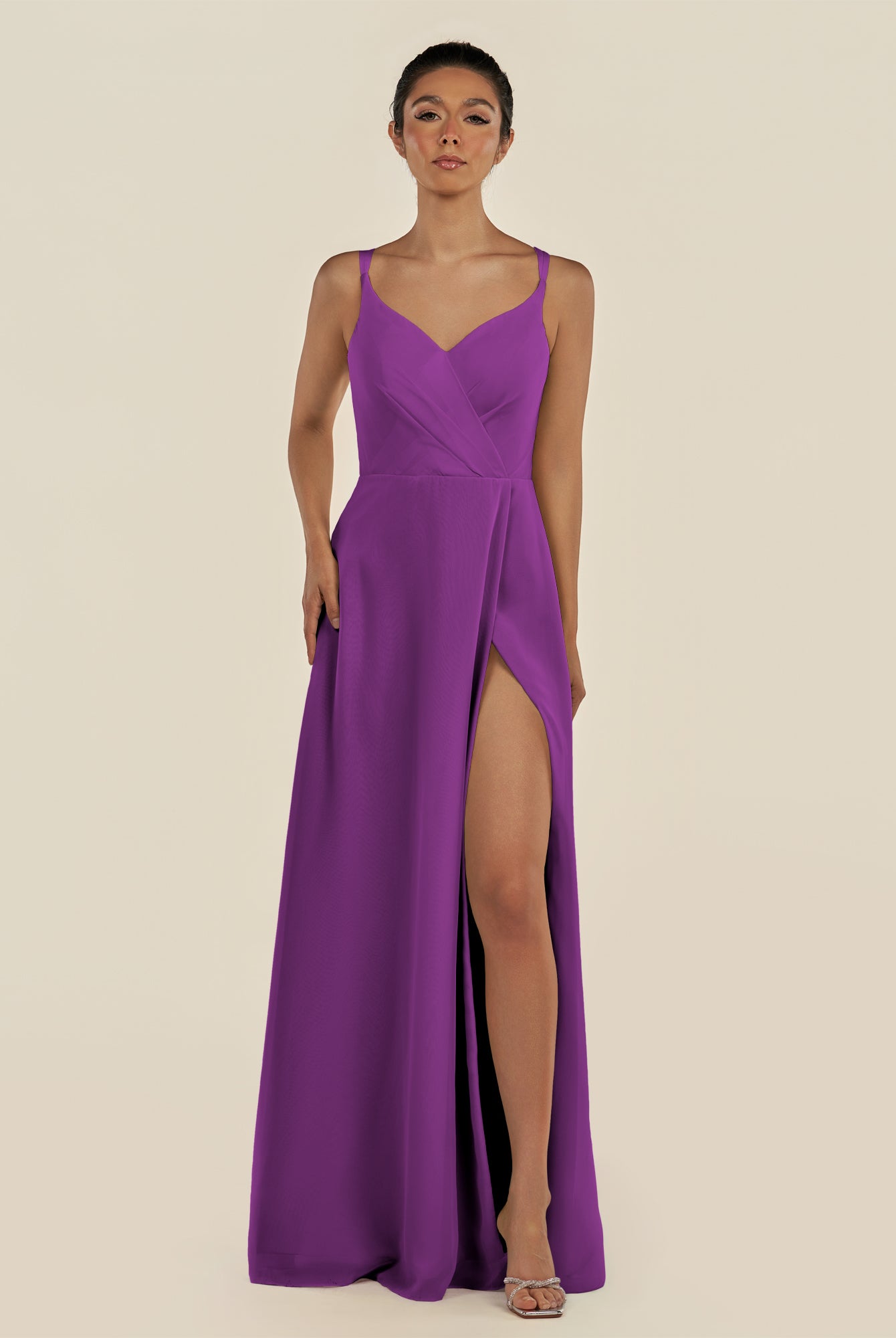 KissDress-Zyria Amethyst A Line Chiffon V Neck Ruched Long Bridesmaid Dress with Slit