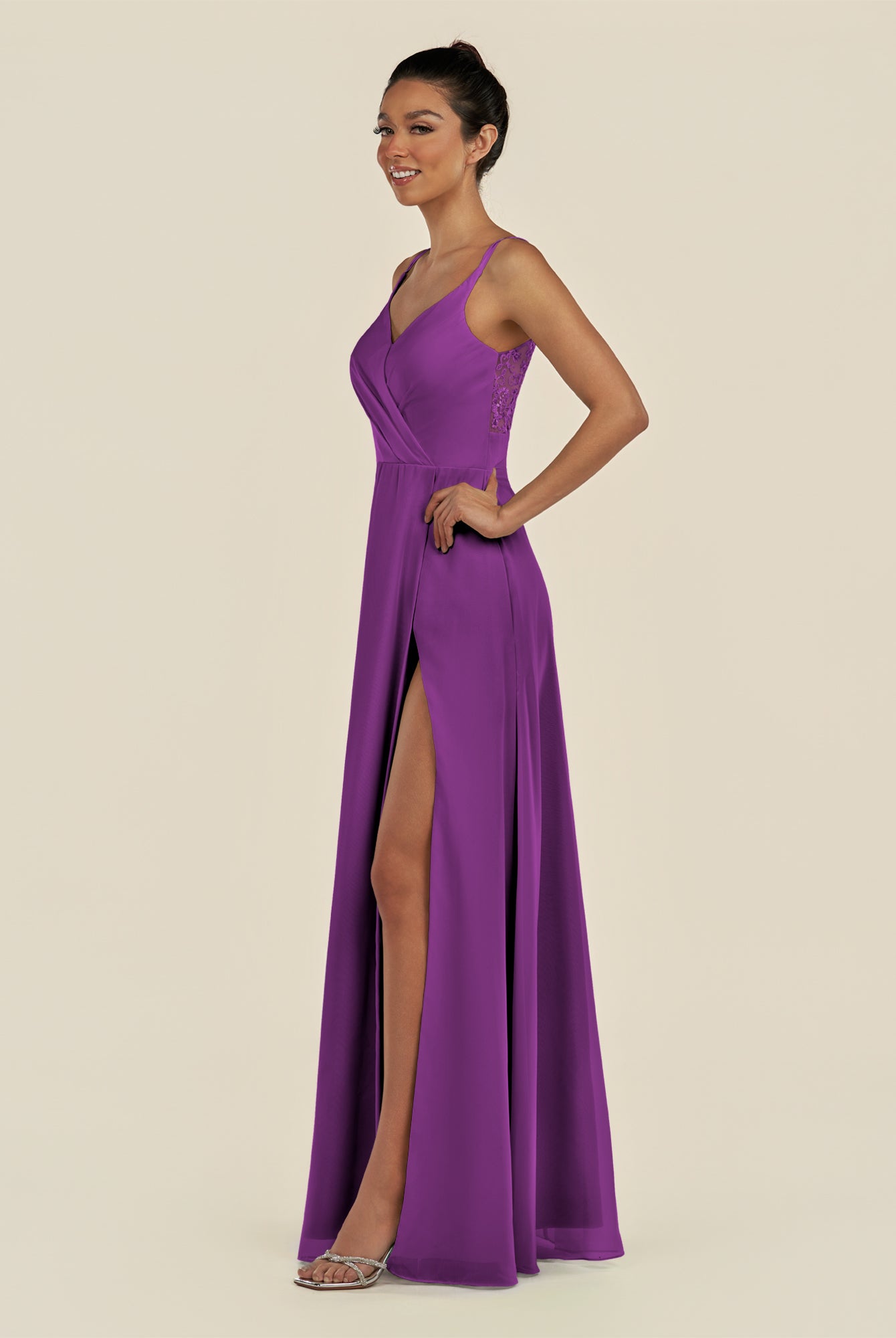 KissDress-Zyria Amethyst A Line Chiffon V Neck Ruched Long Bridesmaid Dress with Slit