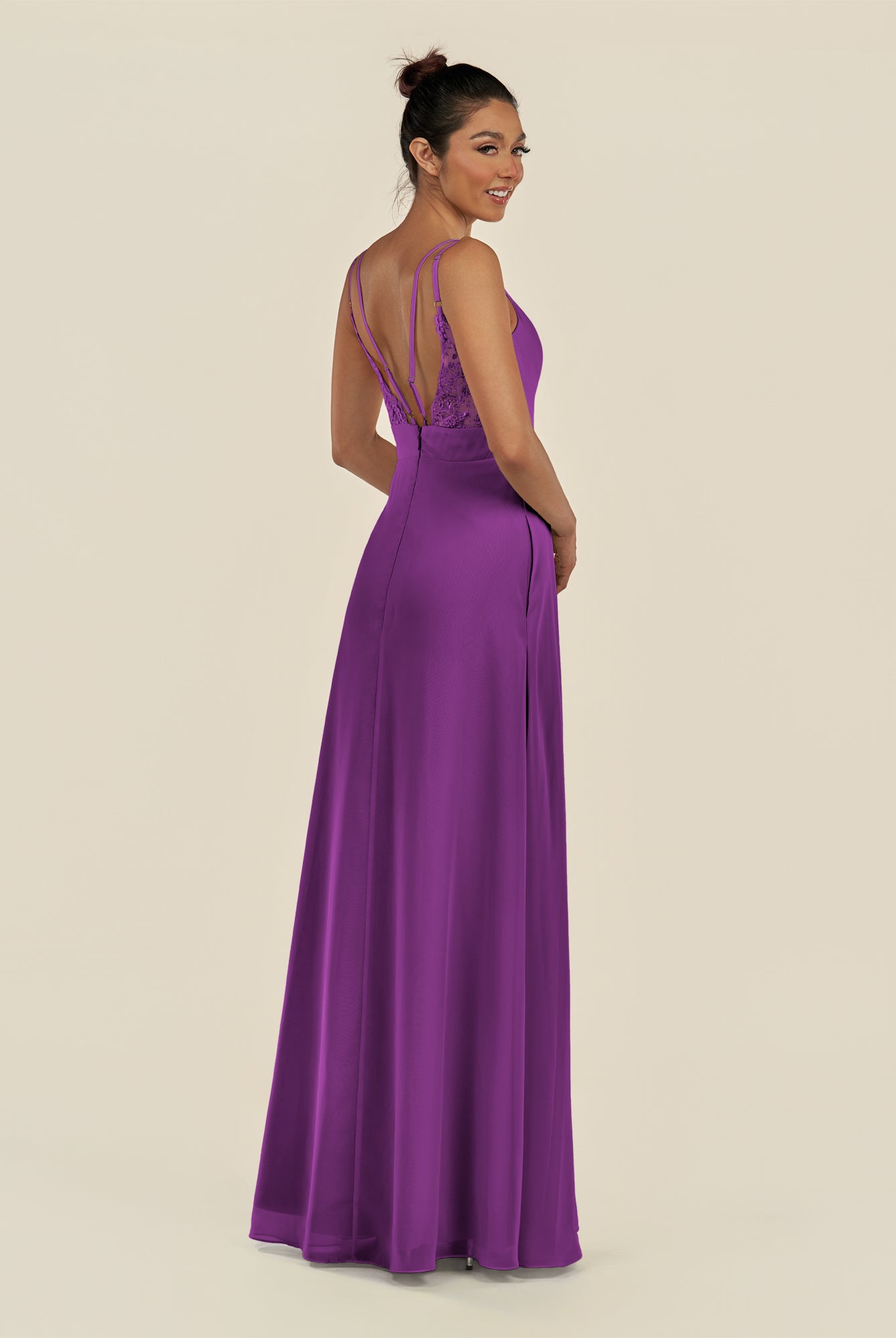 KissDress-Zyria Amethyst A Line Chiffon V Neck Ruched Long Bridesmaid Dress with Slit