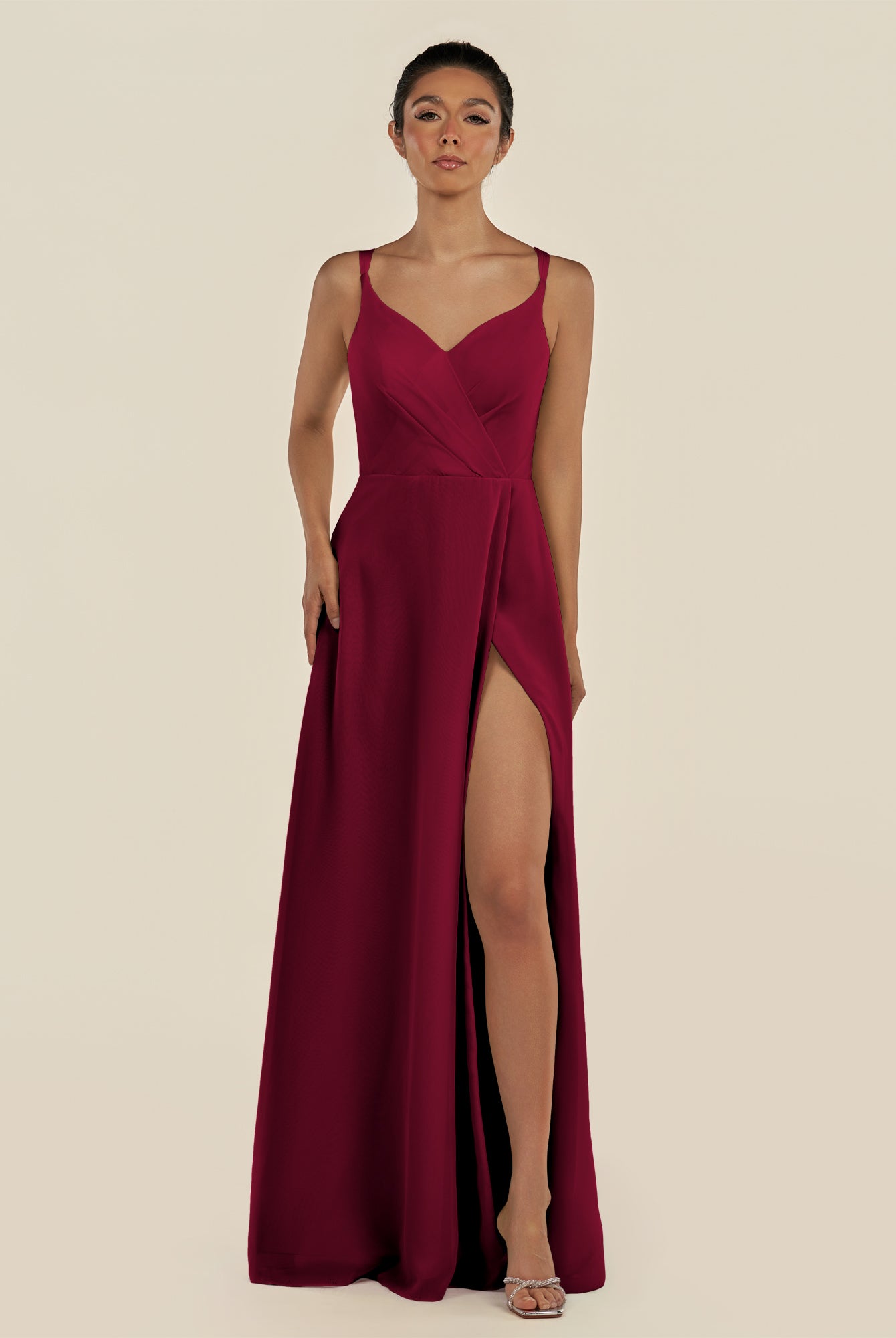 KissDress-Zyria Berry A Line Chiffon V Neck Ruched Long Bridesmaid Dress with Slit