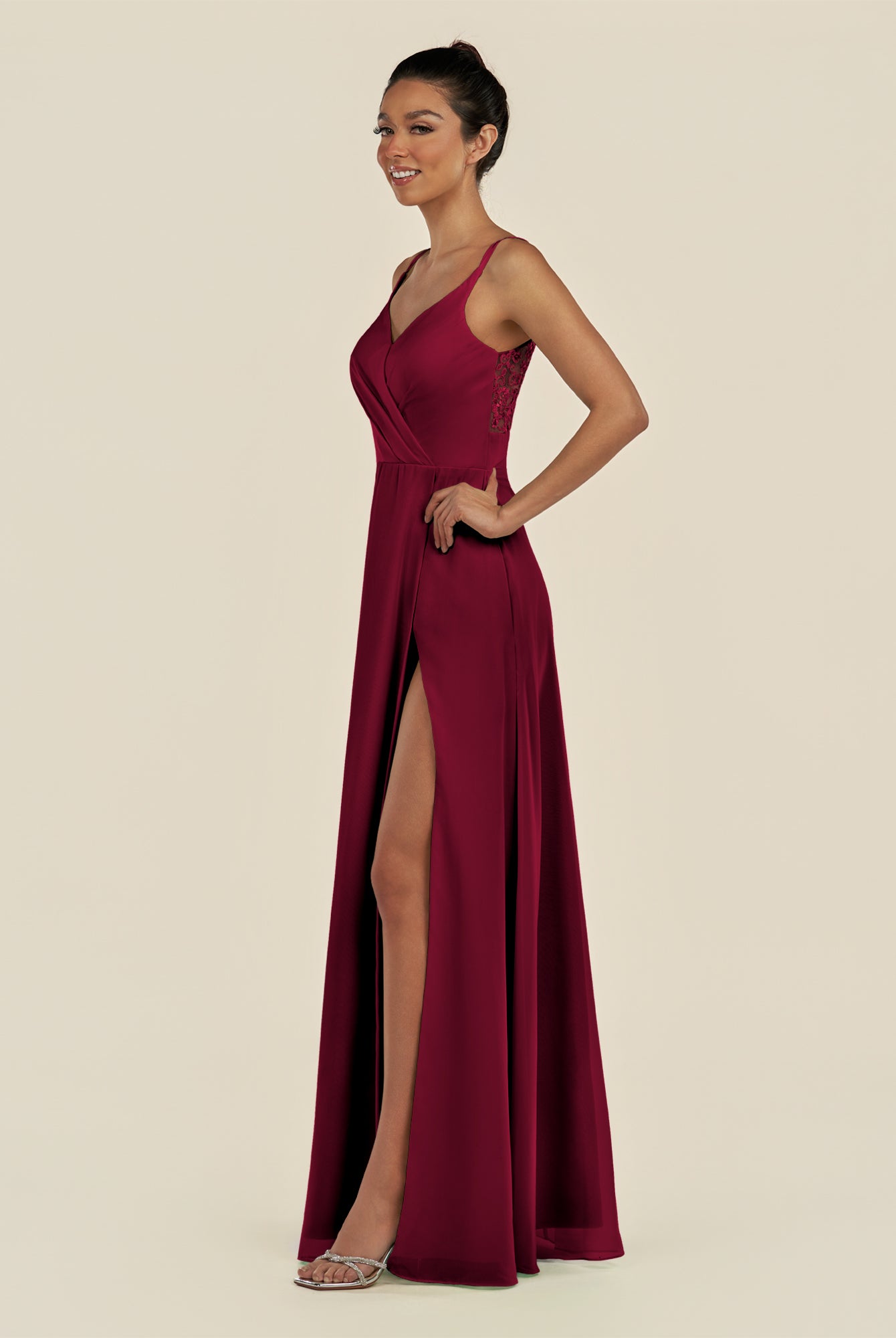 KissDress-Zyria Berry A Line Chiffon V Neck Ruched Long Bridesmaid Dress with Slit