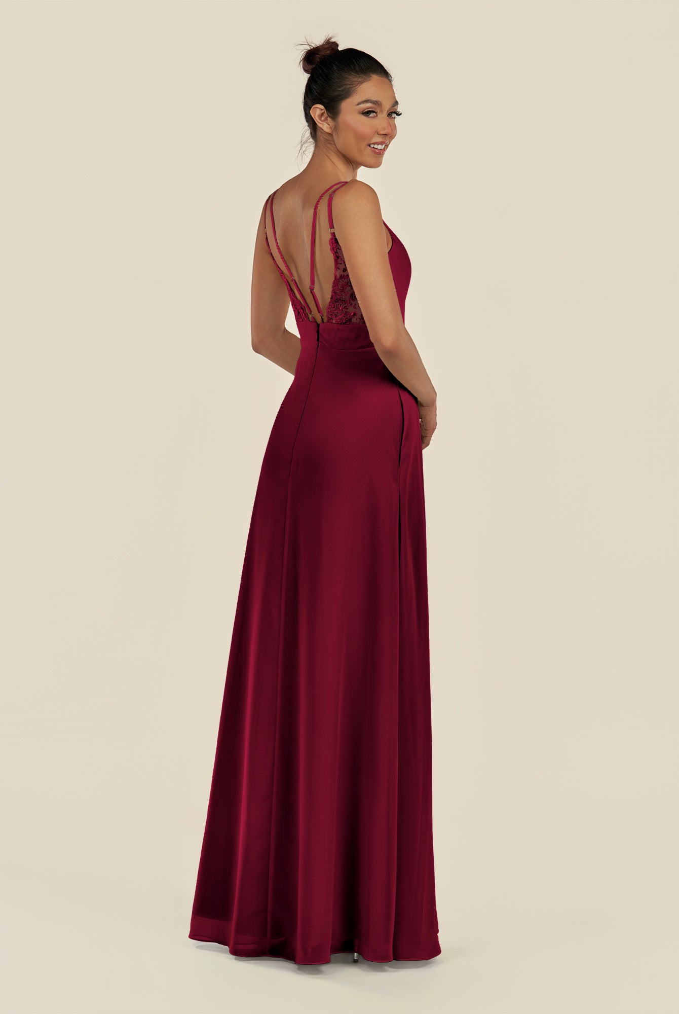 KissDress-Zyria Berry A Line Chiffon V Neck Ruched Long Bridesmaid Dress with Slit