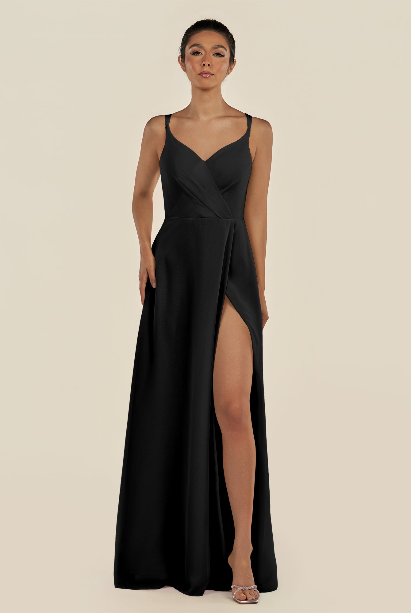 KissDress-Zyria Black A Line Chiffon V Neck Ruched Long Bridesmaid Dress with Slit