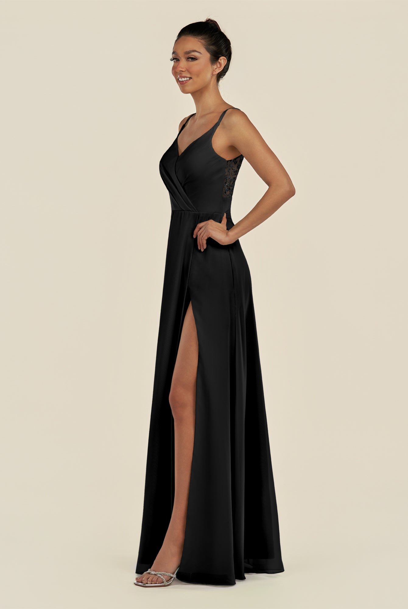 KissDress-Zyria Black A Line Chiffon V Neck Ruched Long Bridesmaid Dress with Slit