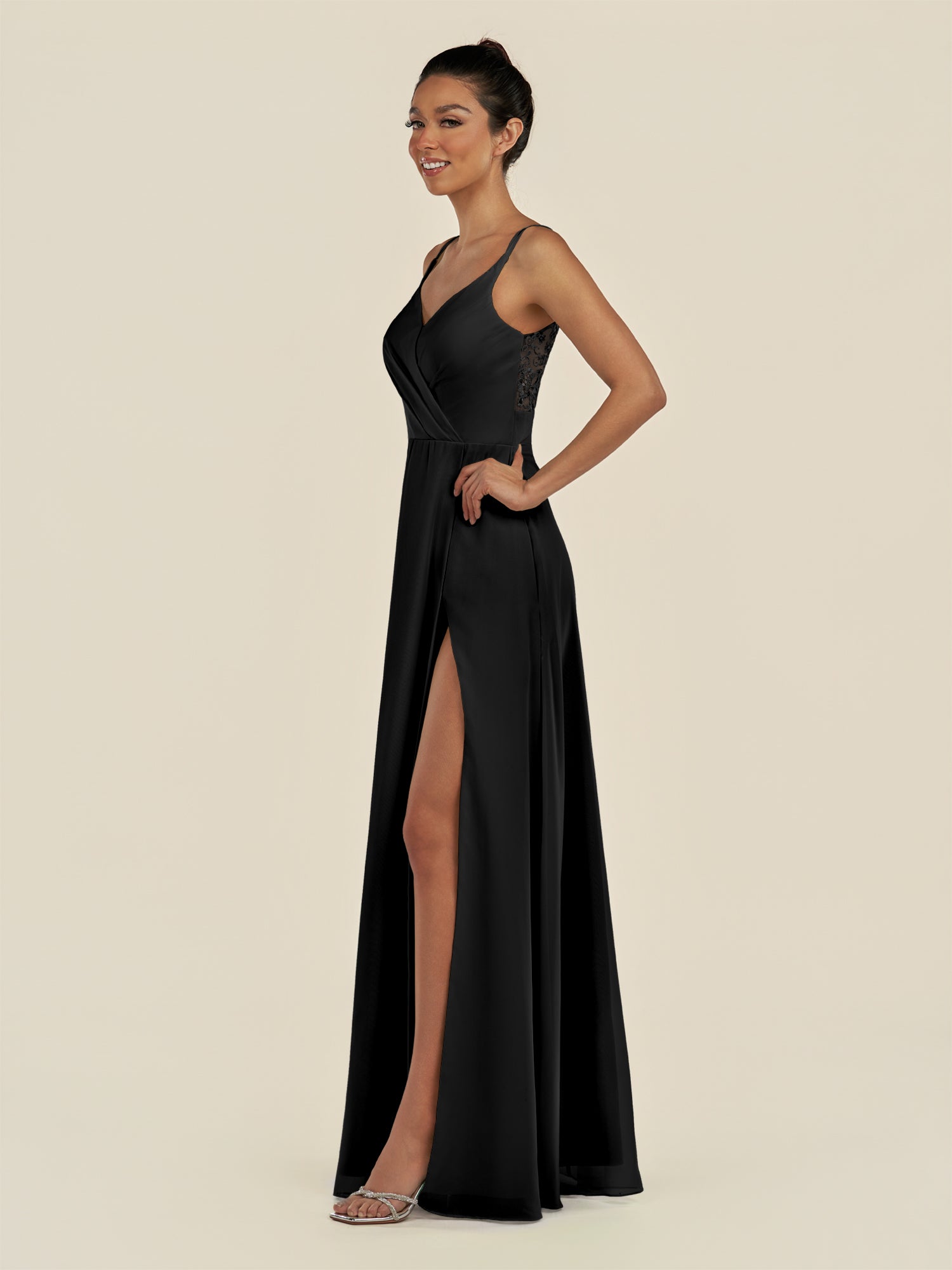 KissDress-Zyria Black A Line Chiffon V Neck Ruched Long Bridesmaid Dress with Slit