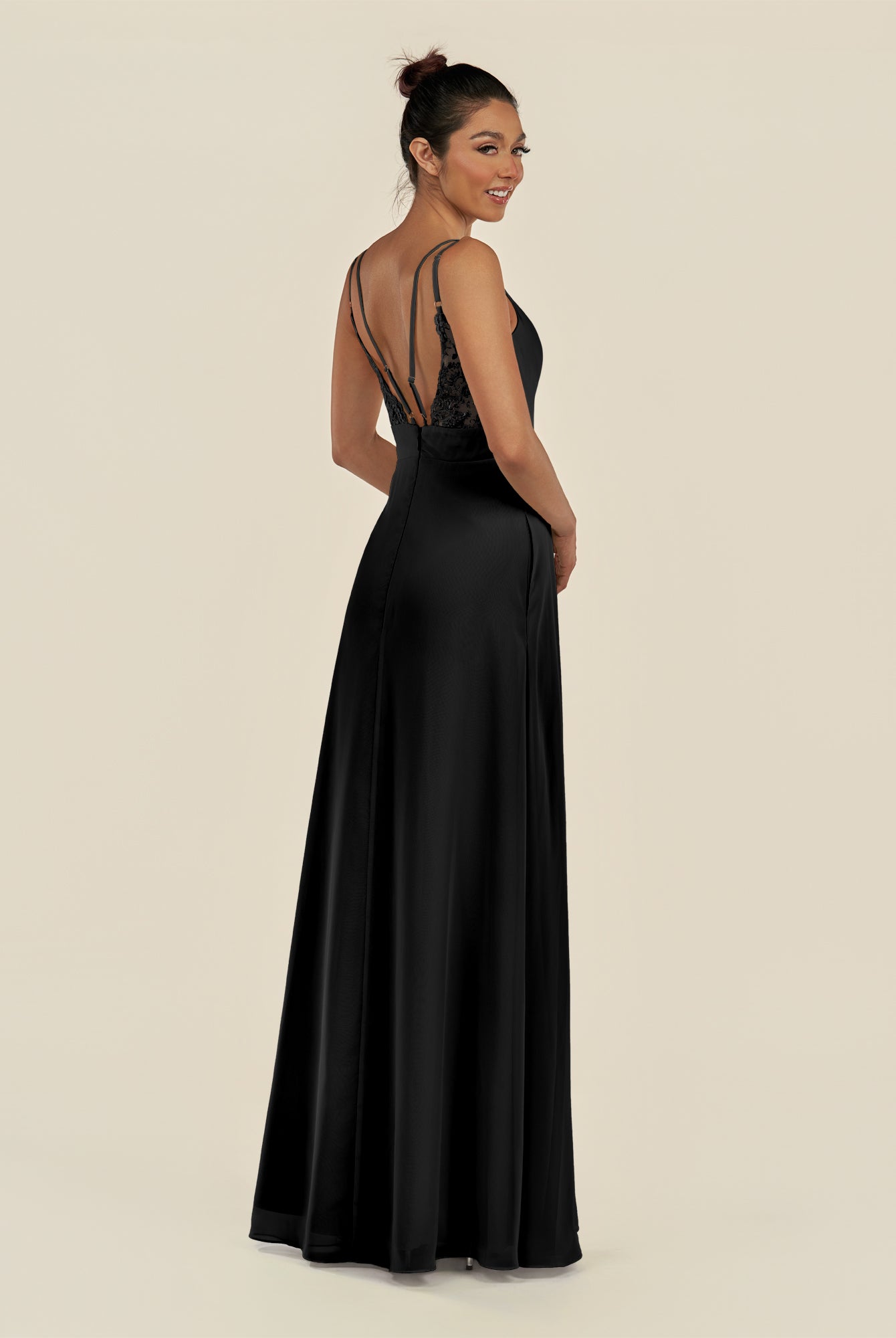 KissDress-Zyria Black A Line Chiffon V Neck Ruched Long Bridesmaid Dress with Slit