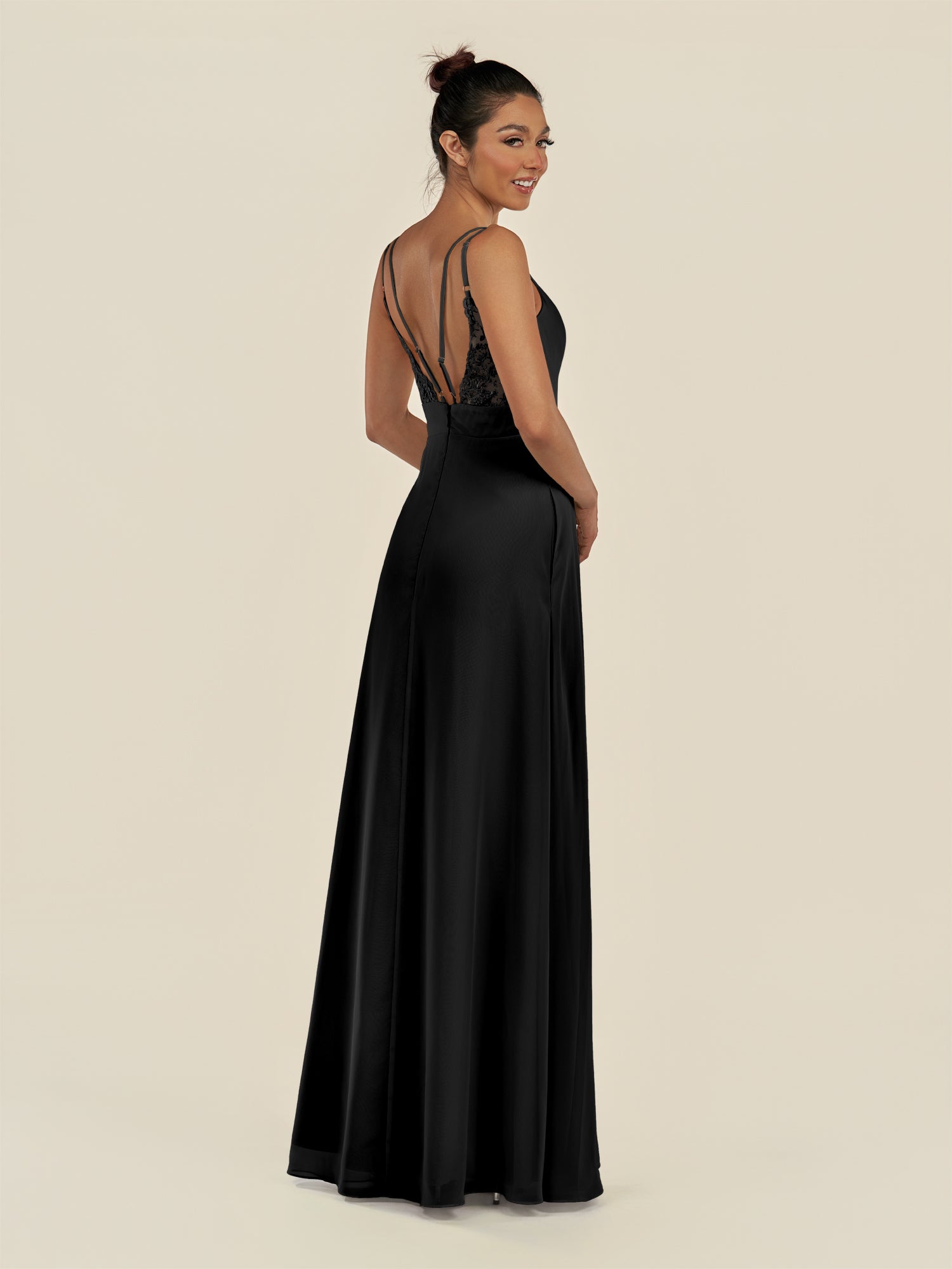 KissDress-Zyria Black A Line Chiffon V Neck Ruched Long Bridesmaid Dress with Slit