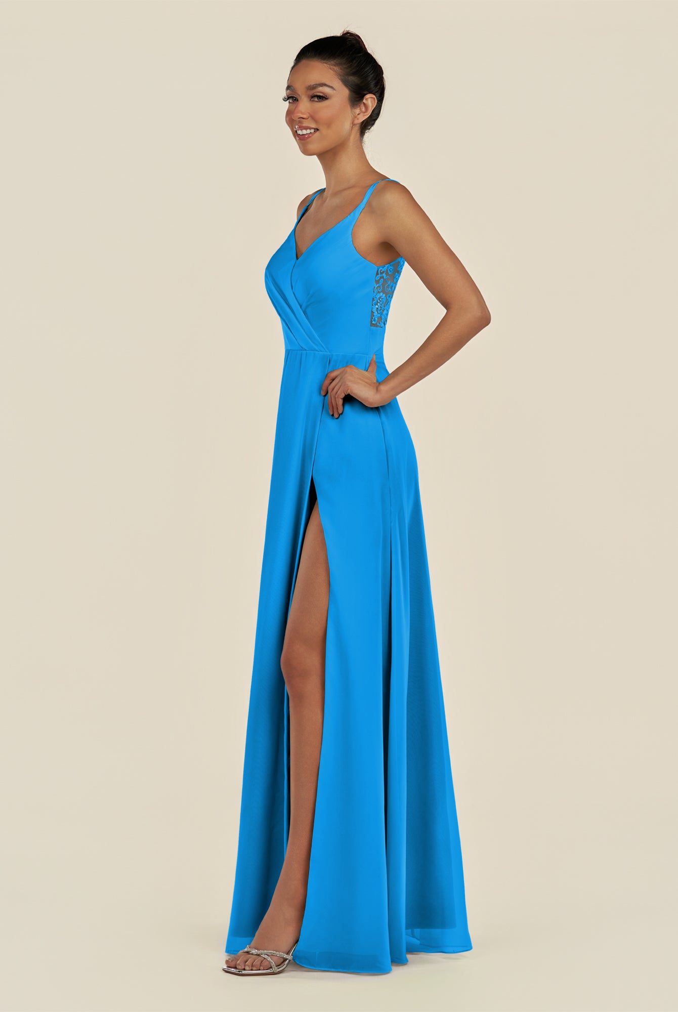 KissDress-Zyria Blue Jay A Line Chiffon V Neck Ruched Long Bridesmaid Dress with Slit
