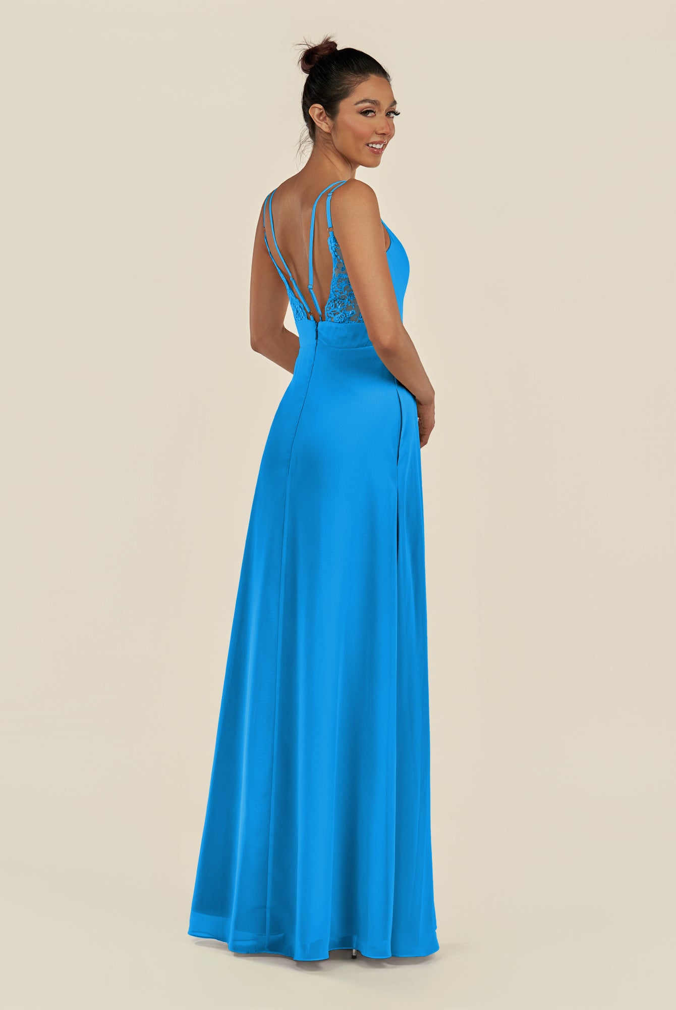 KissDress-Zyria Blue Jay A Line Chiffon V Neck Ruched Long Bridesmaid Dress with Slit