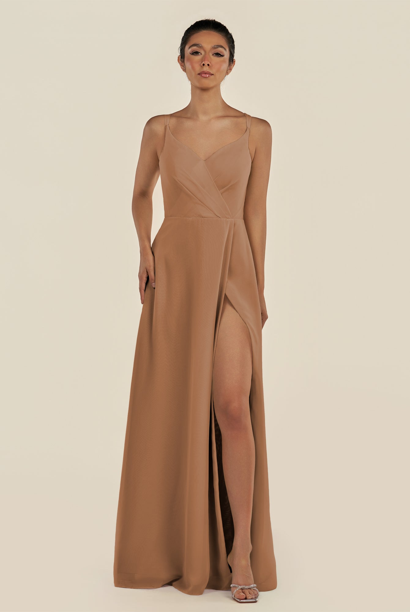 KissDress-Zyria Bronzer A Line Chiffon V Neck Ruched Long Bridesmaid Dress with Slit