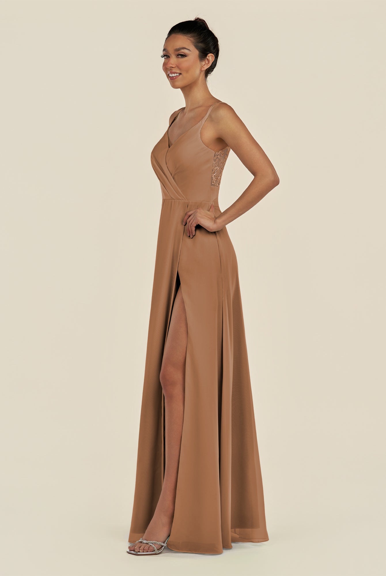 KissDress-Zyria Bronzer A Line Chiffon V Neck Ruched Long Bridesmaid Dress with Slit