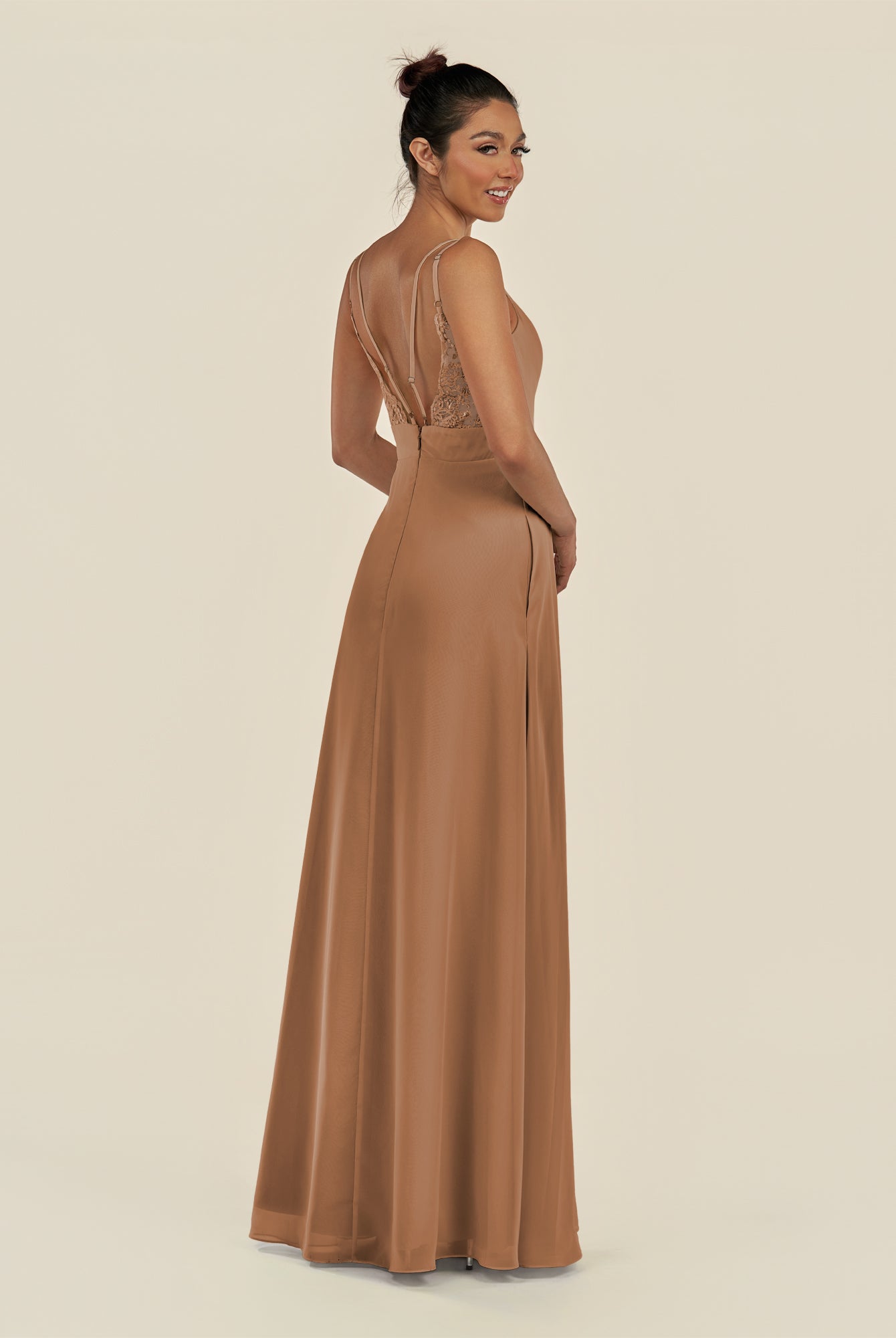 KissDress-Zyria Bronzer A Line Chiffon V Neck Ruched Long Bridesmaid Dress with Slit