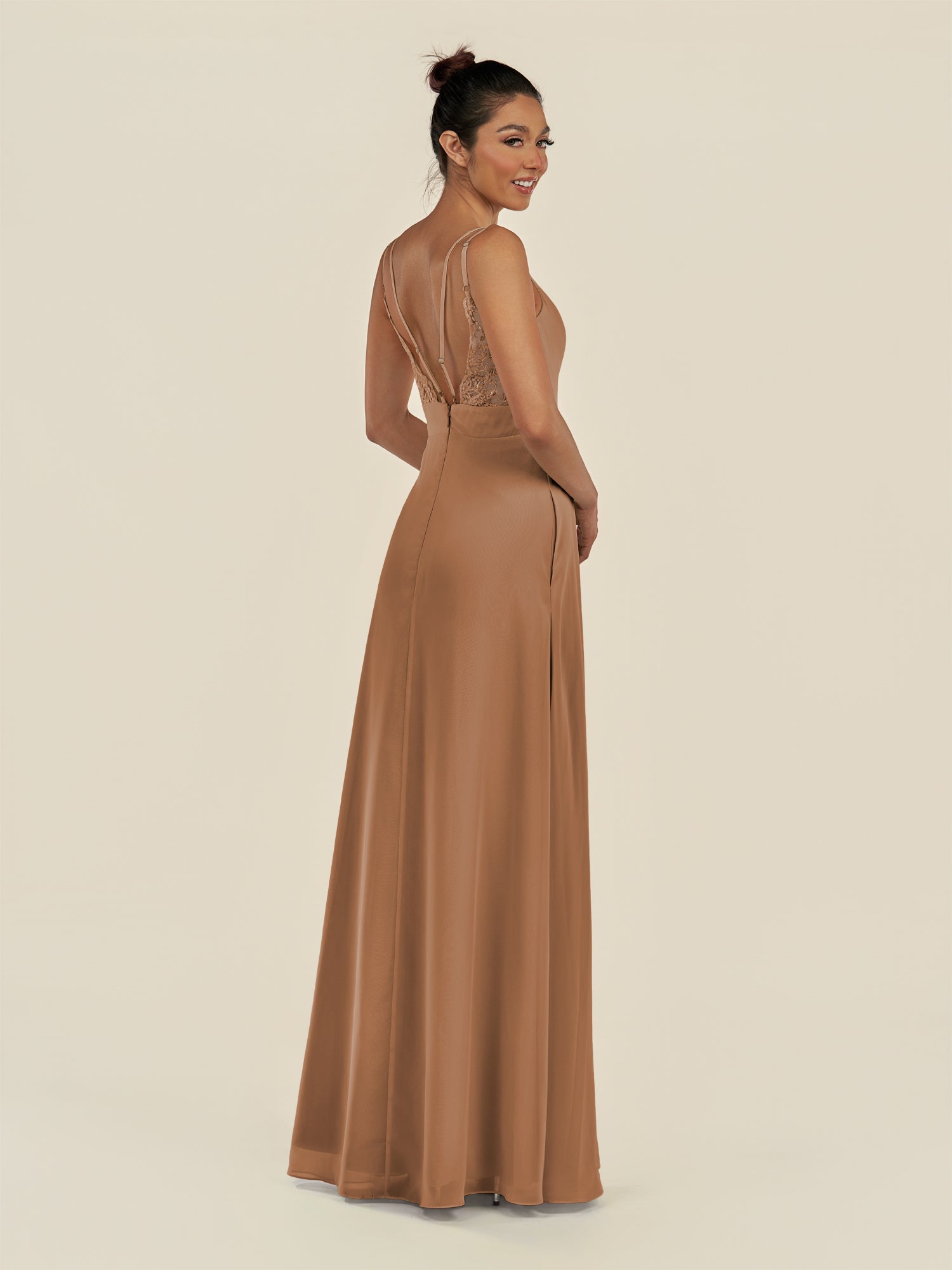 KissDress-Zyria Bronzer A Line Chiffon V Neck Ruched Long Bridesmaid Dress with Slit