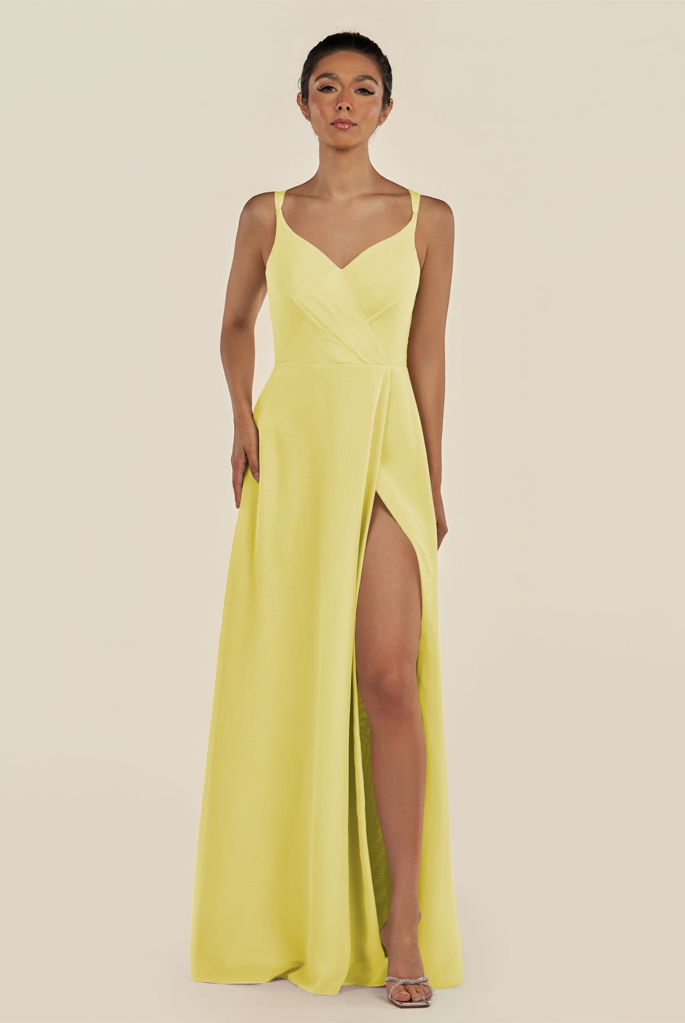 KissDress-Zyria Buttercup A Line Chiffon V Neck Ruched Long Bridesmaid Dress with Slit