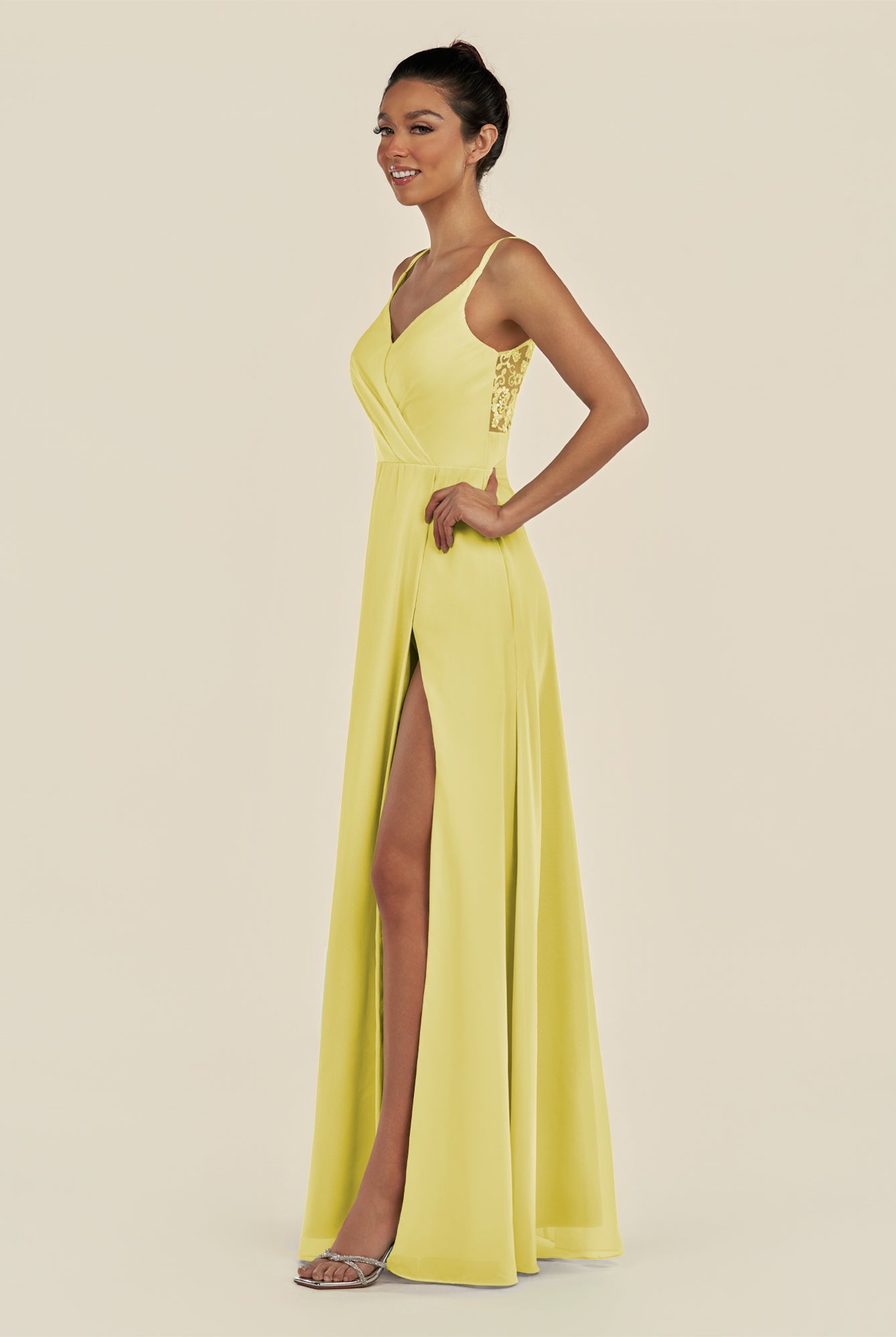 KissDress-Zyria Buttercup A Line Chiffon V Neck Ruched Long Bridesmaid Dress with Slit