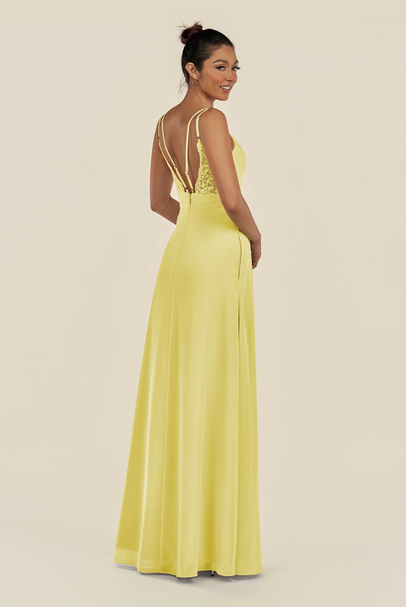 KissDress-Zyria Buttercup A Line Chiffon V Neck Ruched Long Bridesmaid Dress with Slit