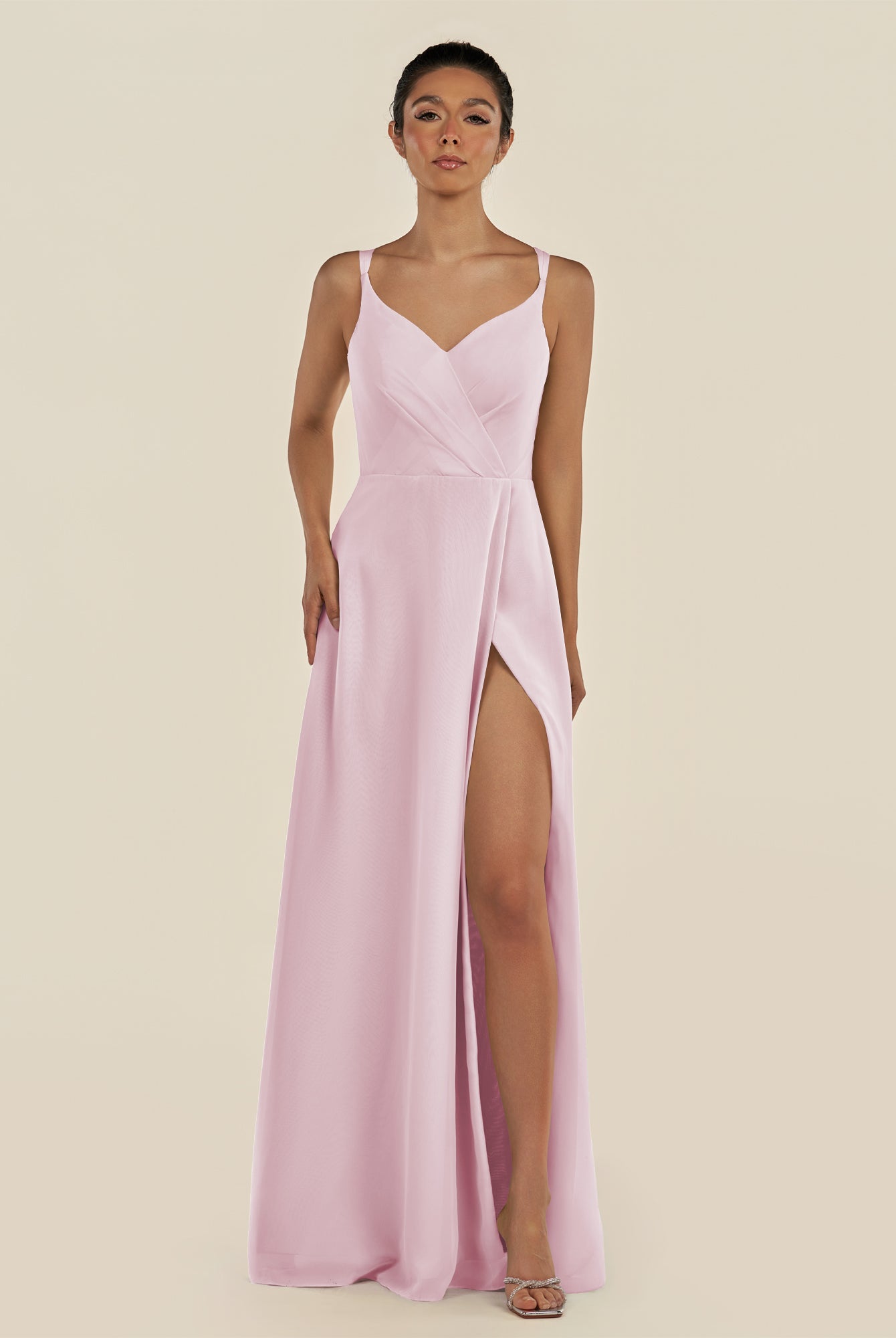 KissDress-Zyria Candy Pink A Line Chiffon V Neck Ruched Long Bridesmaid Dress with Slit