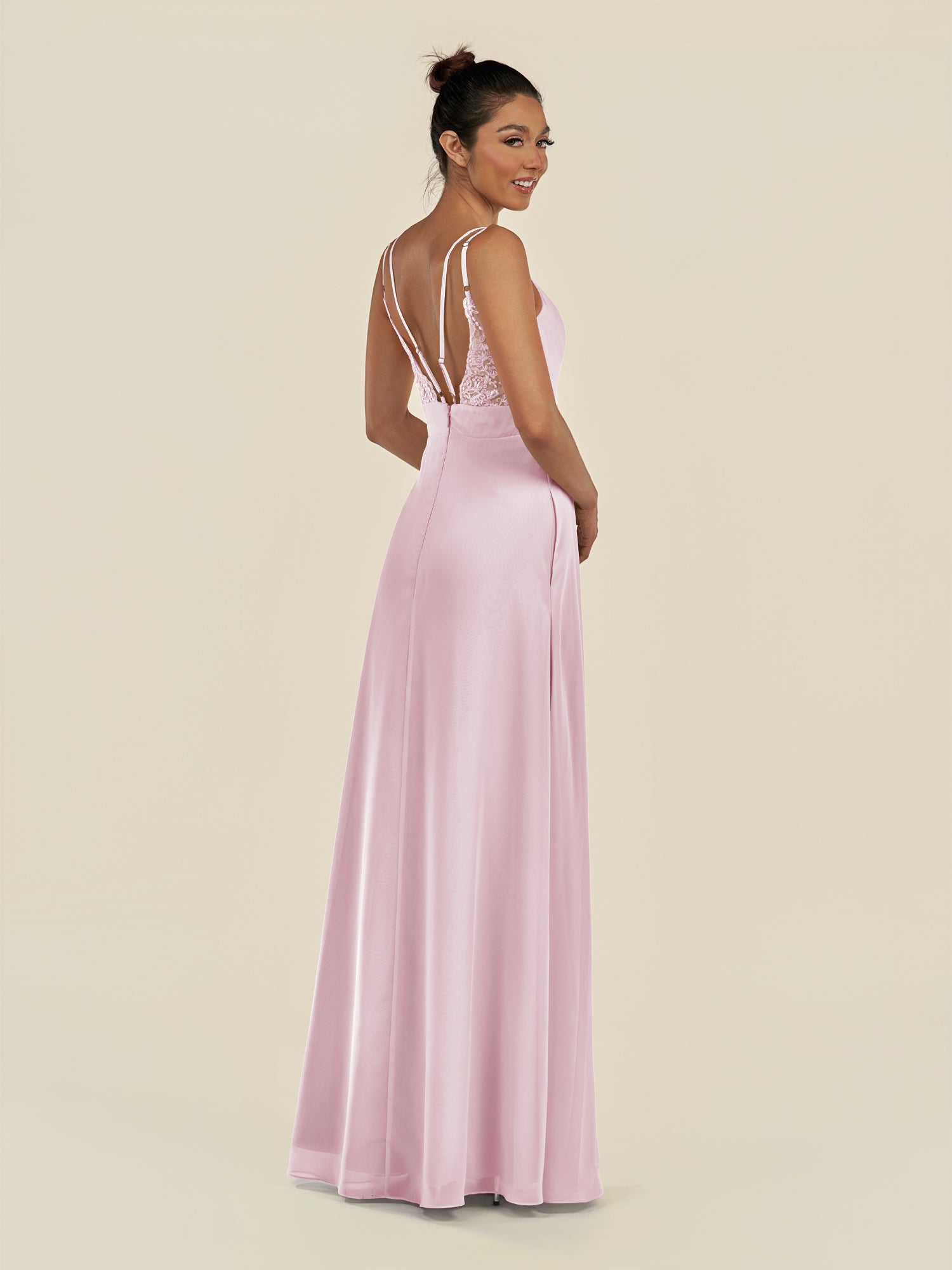 KissDress-Zyria Candy Pink A Line Chiffon V Neck Ruched Long Bridesmaid Dress with Slit