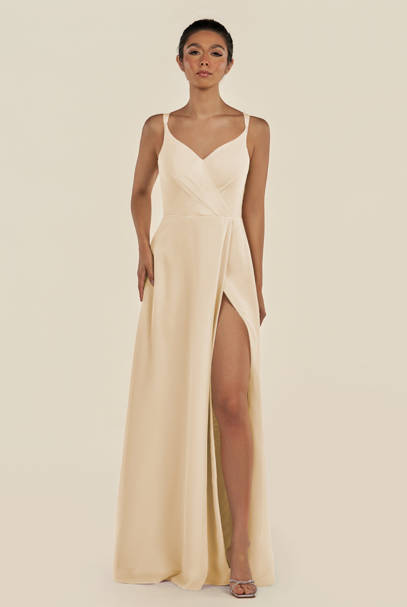 KissDress-Zyria Champagne A Line Chiffon V Neck Ruched Long Bridesmaid Dress with Slit