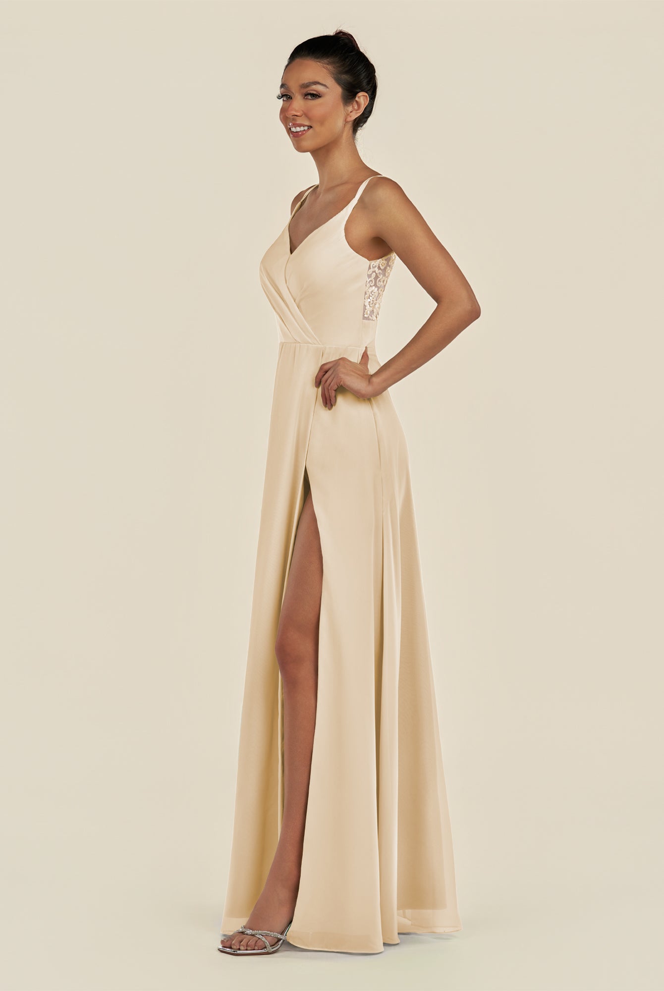 KissDress-Zyria Champagne A Line Chiffon V Neck Ruched Long Bridesmaid Dress with Slit