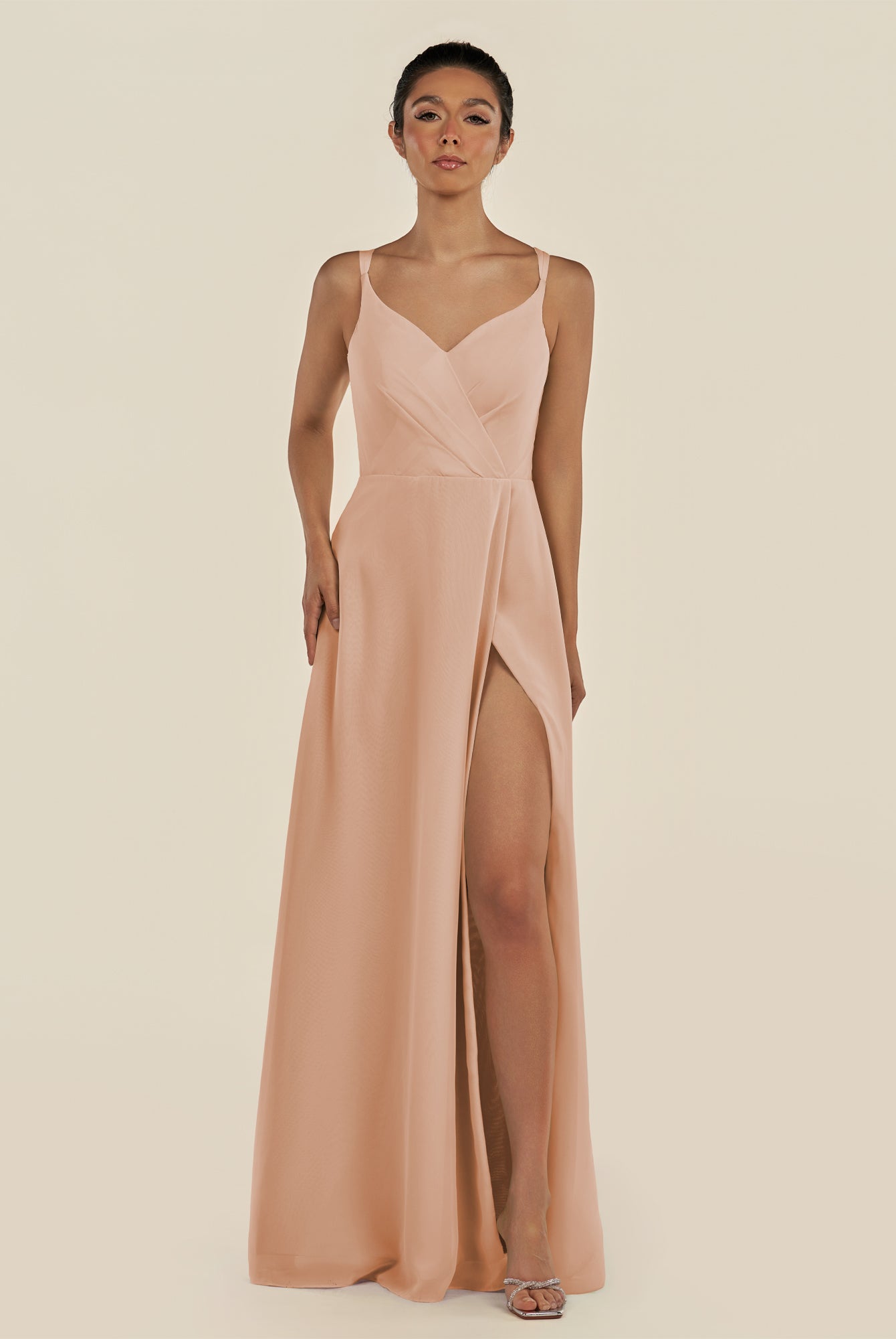 KissDress-Zyria Champagne Rose A Line Chiffon V Neck Ruched Long Bridesmaid Dress with Slit