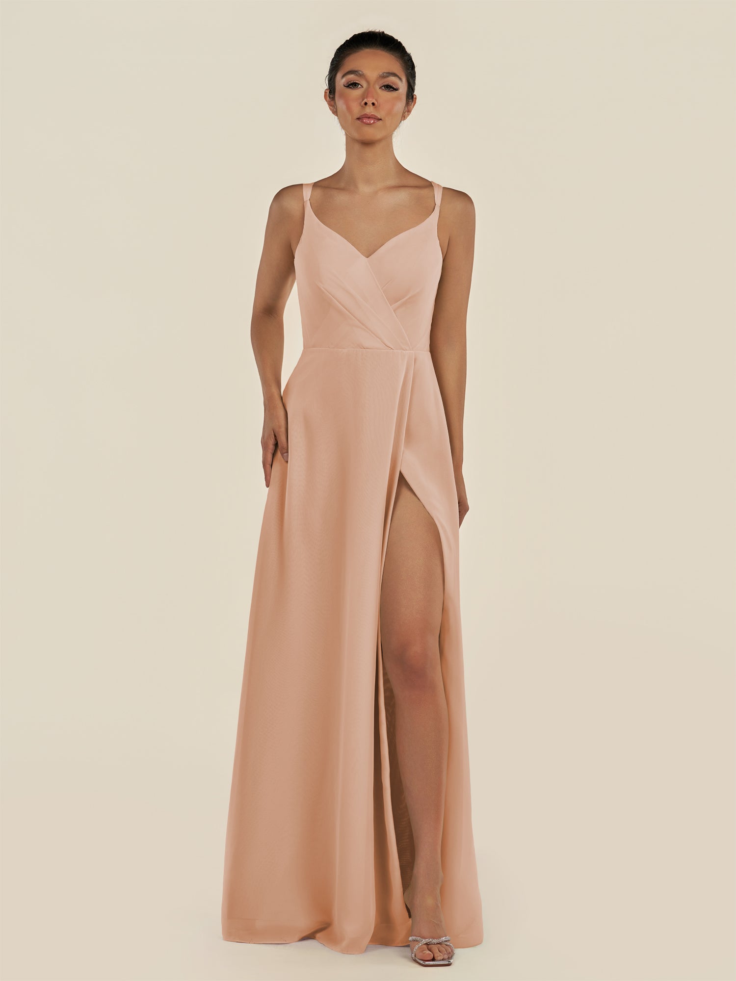 KissDress-Zyria Champagne Rose A Line Chiffon V Neck Ruched Long Bridesmaid Dress with Slit