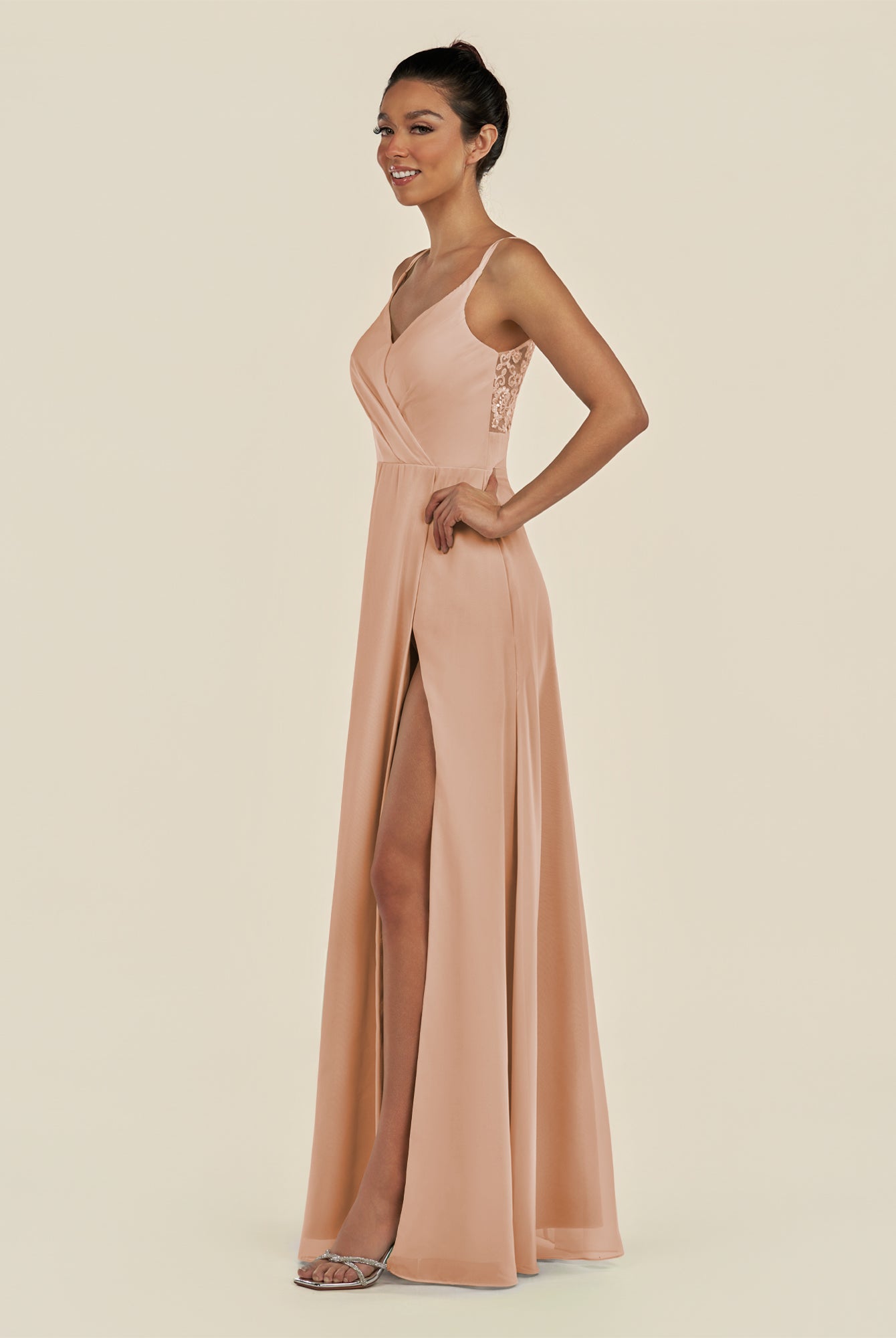 KissDress-Zyria Champagne Rose A Line Chiffon V Neck Ruched Long Bridesmaid Dress with Slit