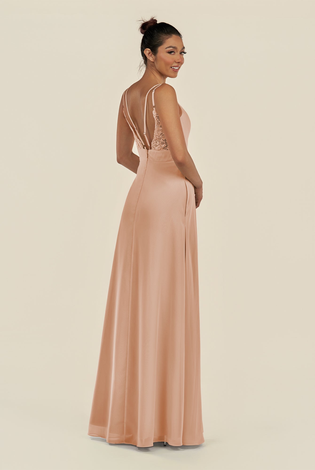 KissDress-Zyria Champagne Rose A Line Chiffon V Neck Ruched Long Bridesmaid Dress with Slit