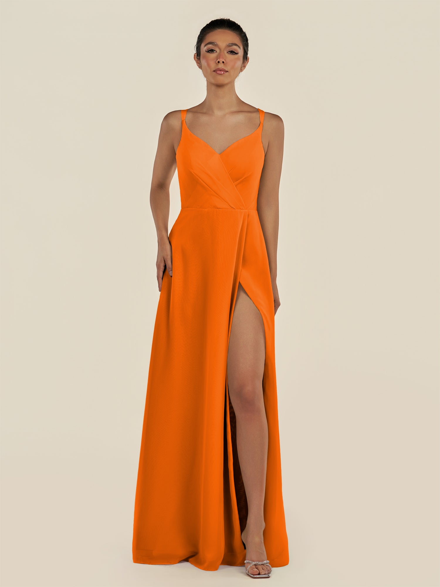 KissDress-Zyria Cinnamon A Line Chiffon V Neck Ruched Long Bridesmaid Dress with Slit