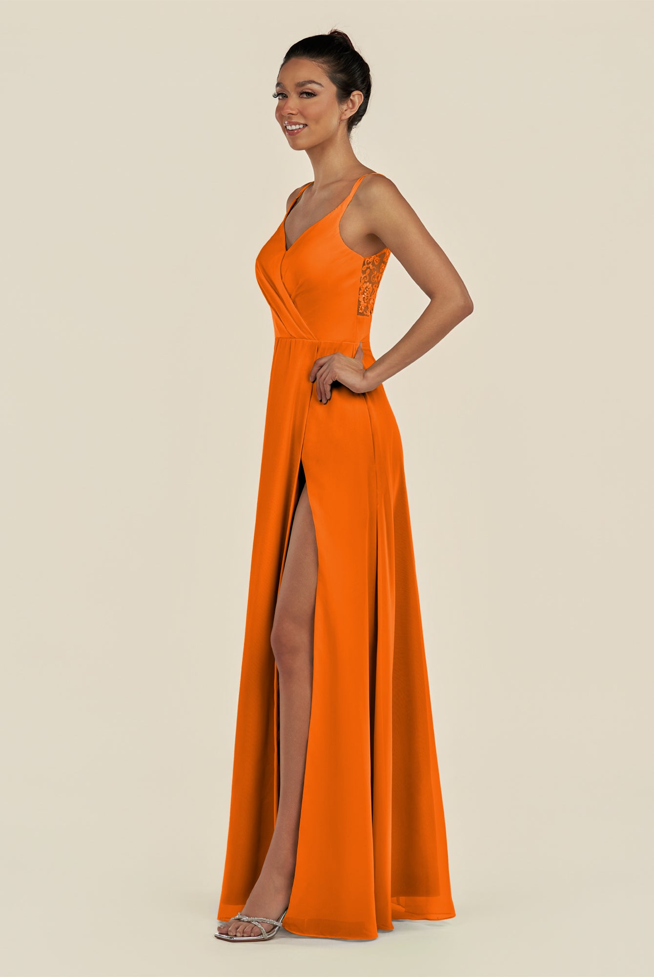 KissDress-Zyria Cinnamon A Line Chiffon V Neck Ruched Long Bridesmaid Dress with Slit