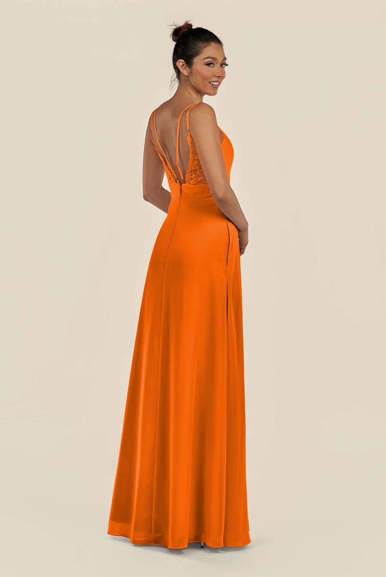 KissDress-Zyria Cinnamon A Line Chiffon V Neck Ruched Long Bridesmaid Dress with Slit