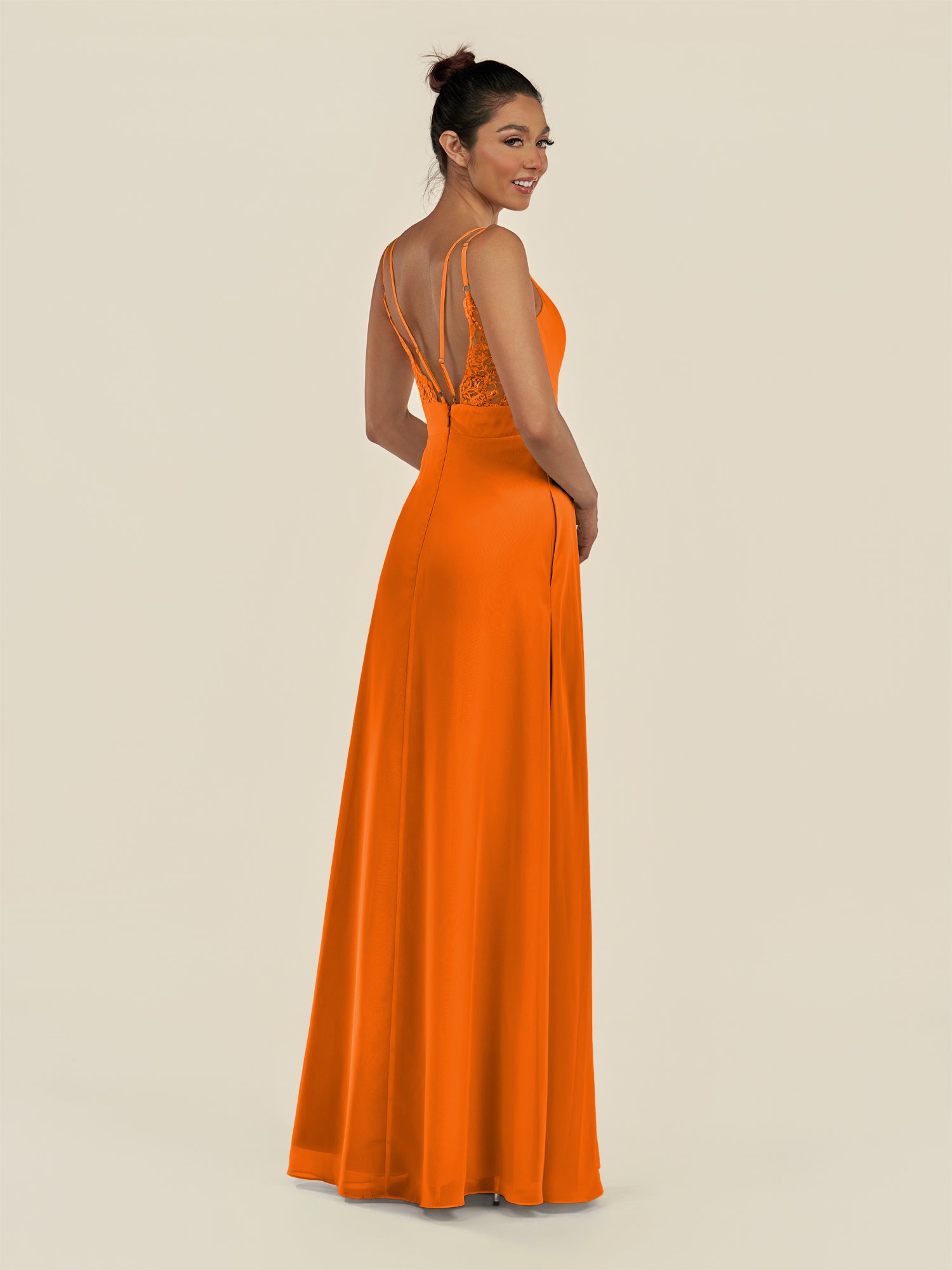 KissDress-Zyria Cinnamon A Line Chiffon V Neck Ruched Long Bridesmaid Dress with Slit