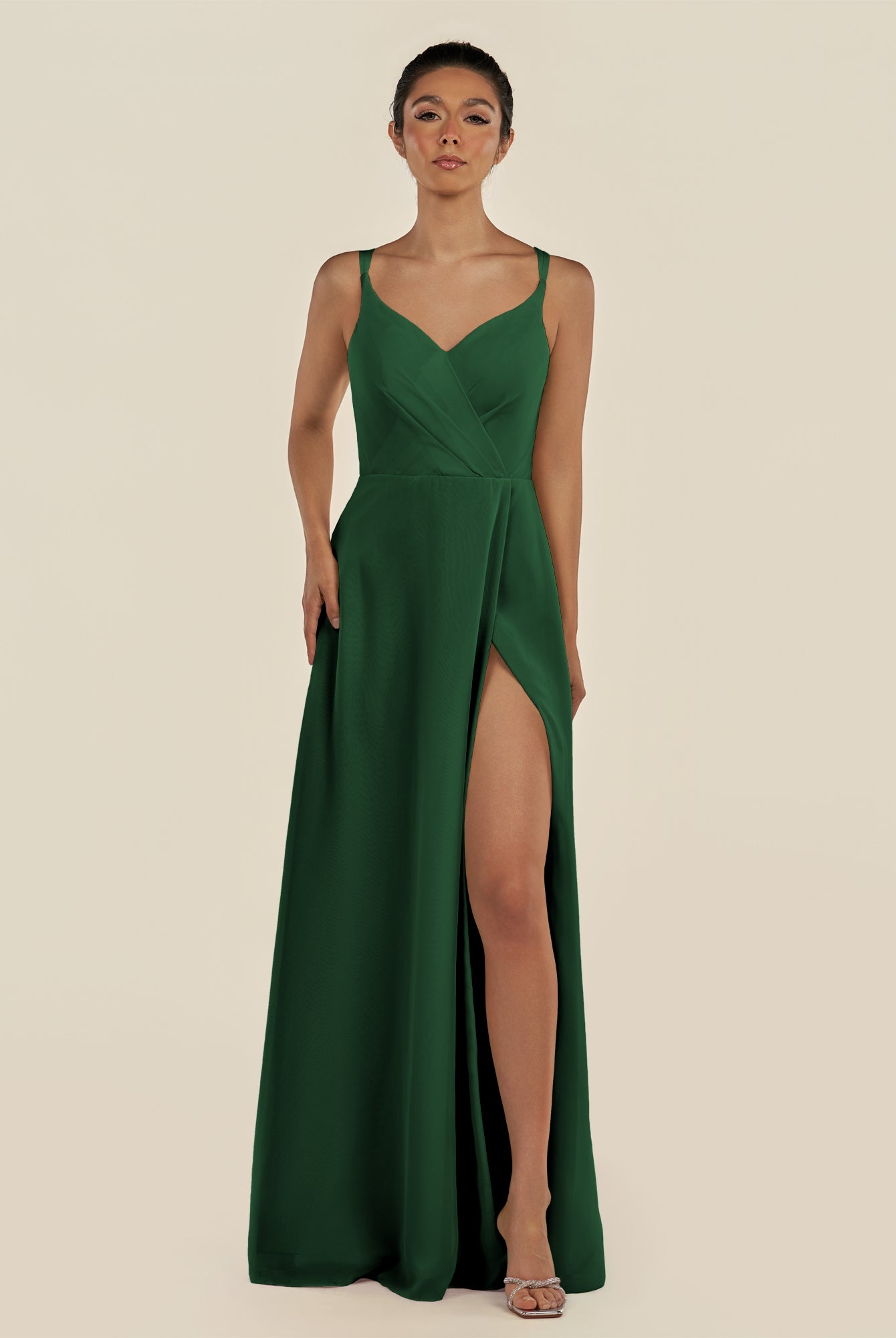 KissDress-Zyria Dark Green A Line Chiffon V Neck Ruched Long Bridesmaid Dress with Slit