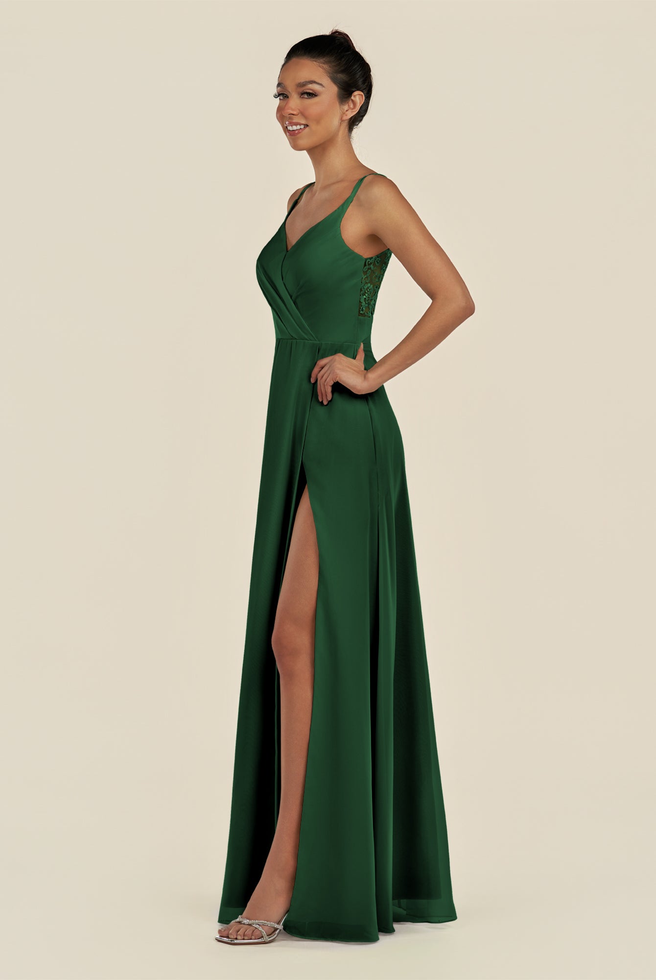 KissDress-Zyria Dark Green A Line Chiffon V Neck Ruched Long Bridesmaid Dress with Slit