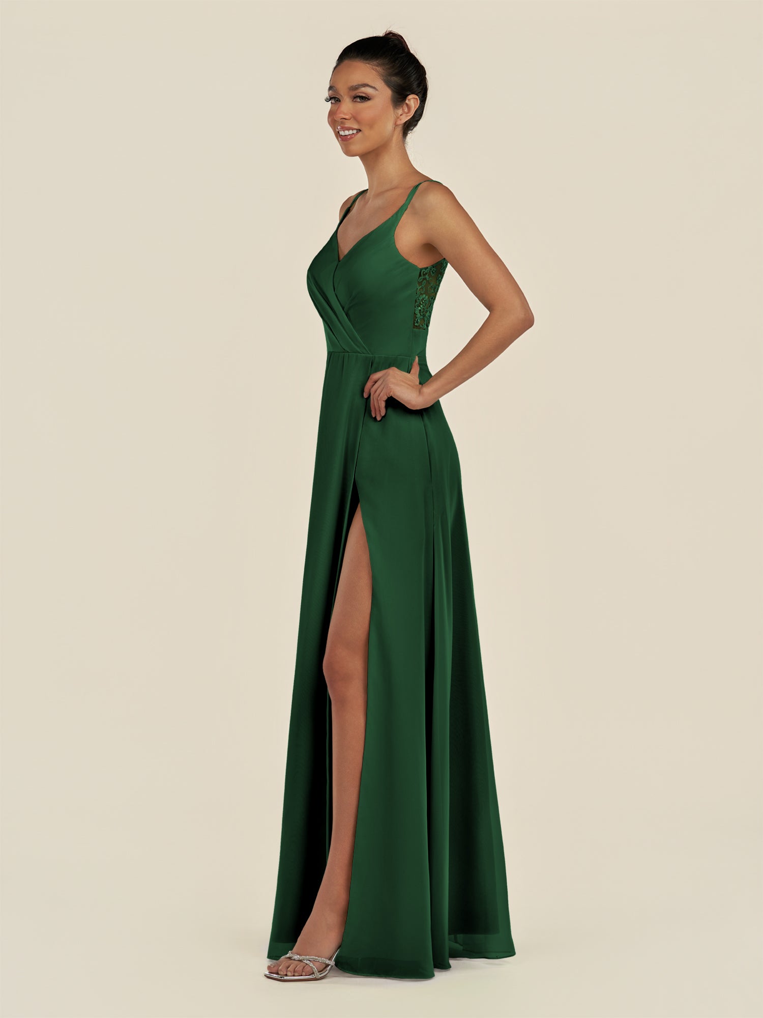 KissDress-Zyria Dark Green A Line Chiffon V Neck Ruched Long Bridesmaid Dress with Slit
