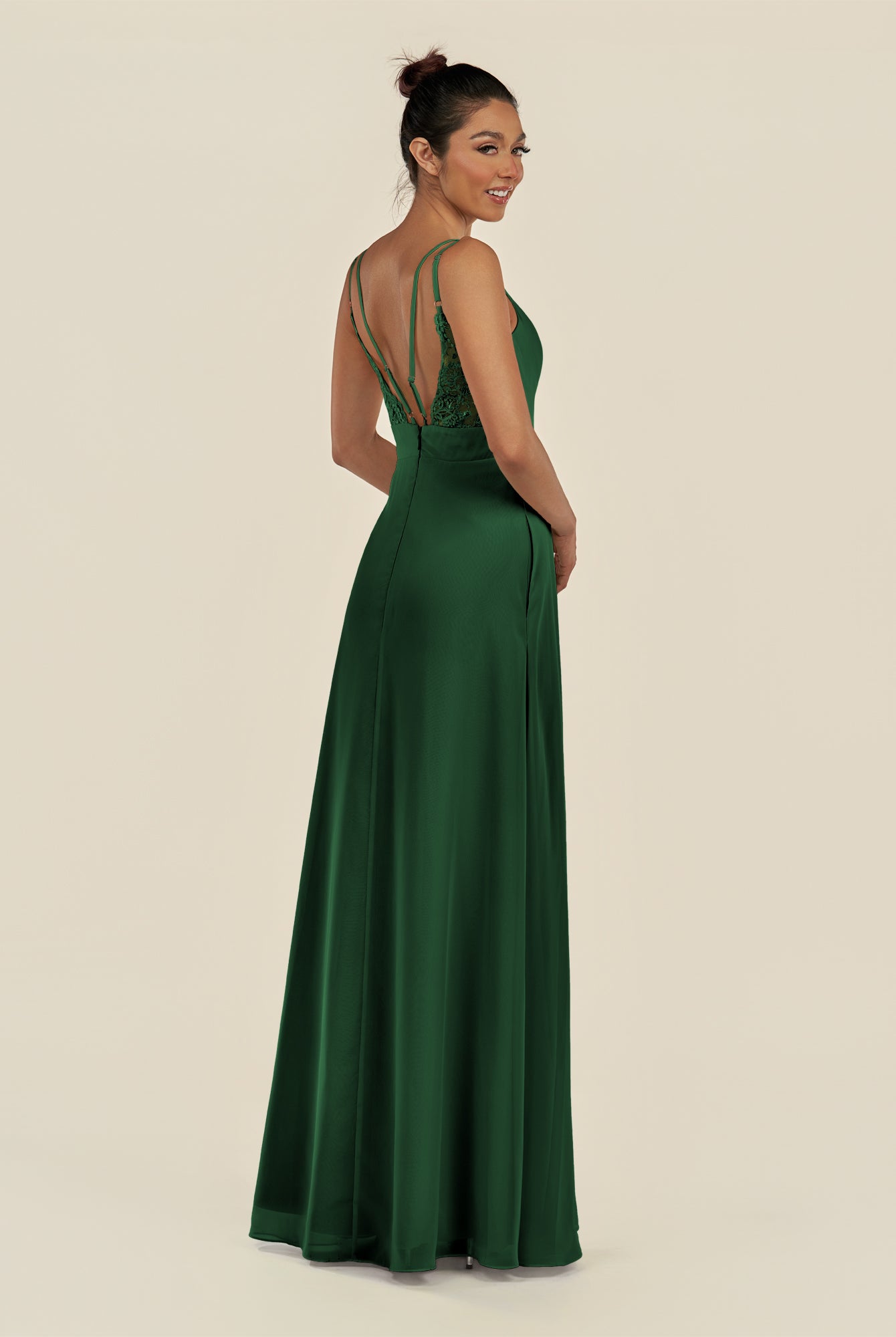 KissDress-Zyria Dark Green A Line Chiffon V Neck Ruched Long Bridesmaid Dress with Slit